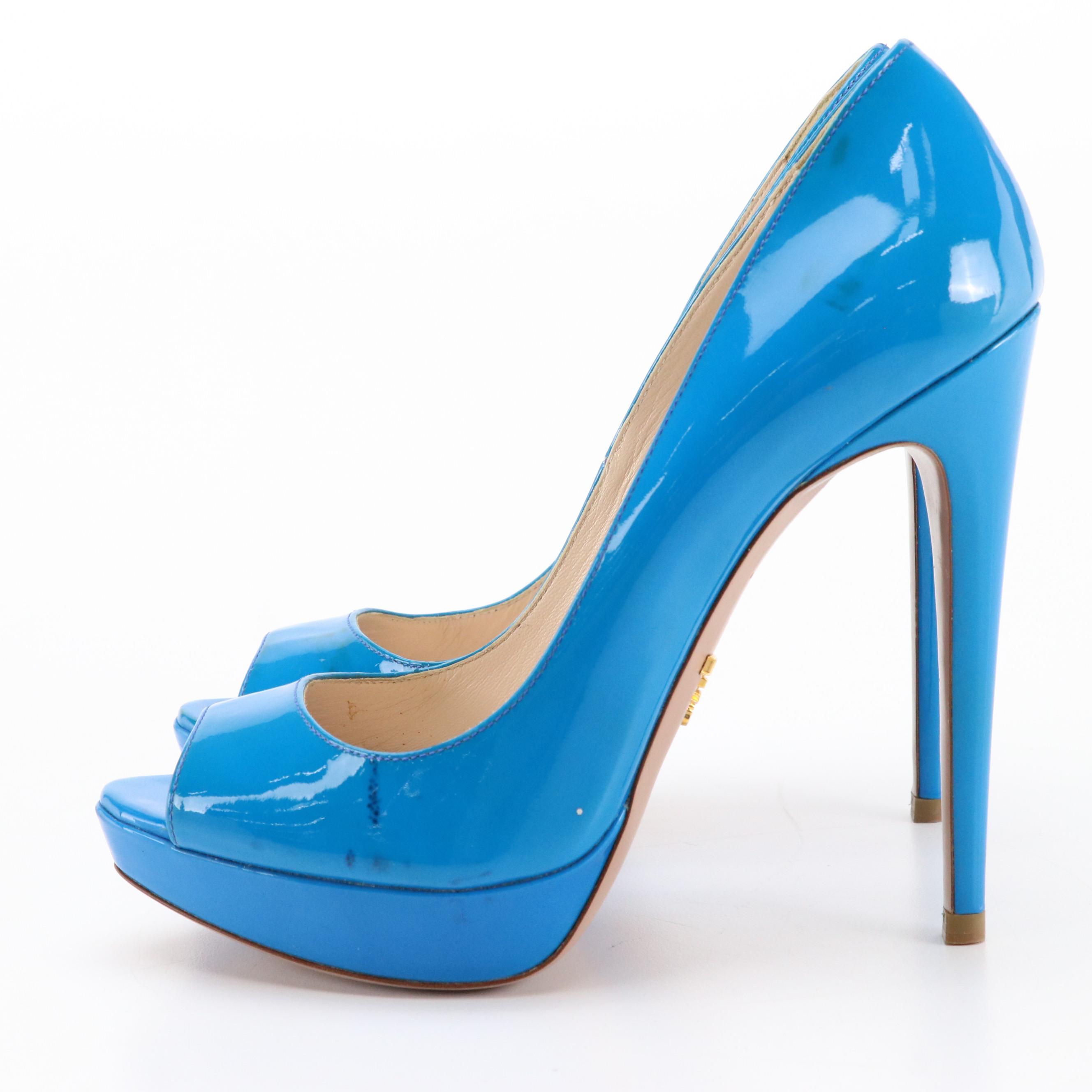 Prada Blue Patent Leather Peep-Toe Platform Pumps