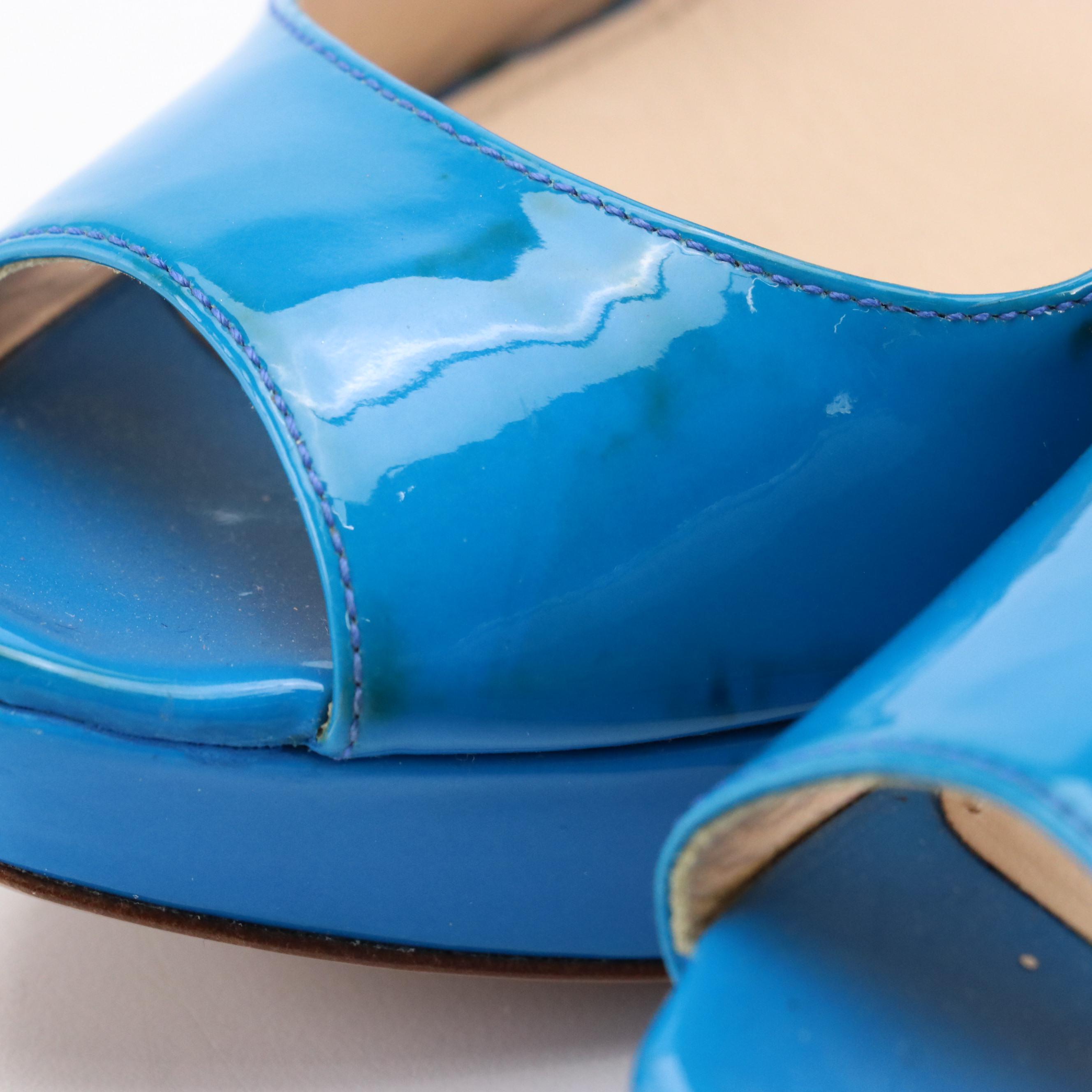 Prada Blue Patent Leather Peep-Toe Platform Pumps