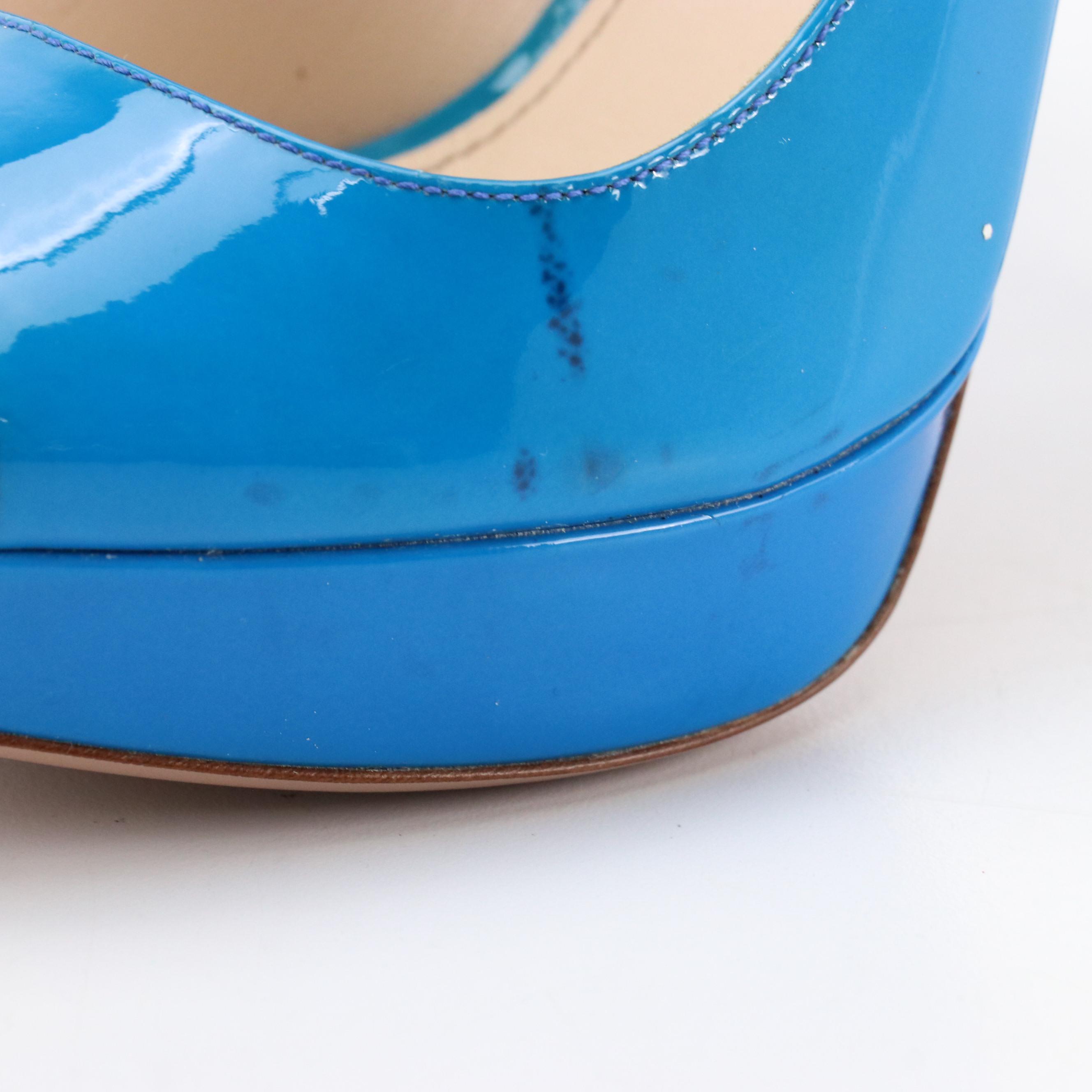 Prada Blue Patent Leather Peep-Toe Platform Pumps