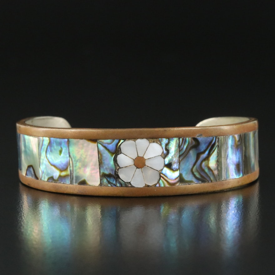 Signed Abalone and Mother-of-Pearl Inlay Cuff
