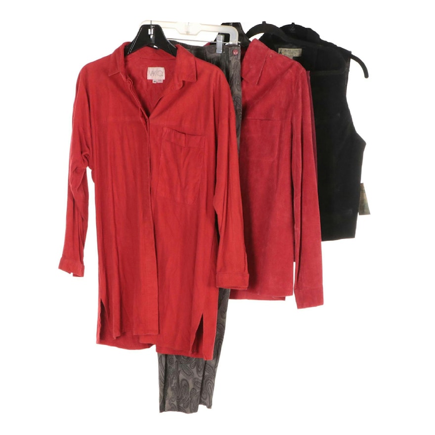 Suede Vest, Pants, Shirt, Paisley Print Pants, and Vakko Red Shirt Dress