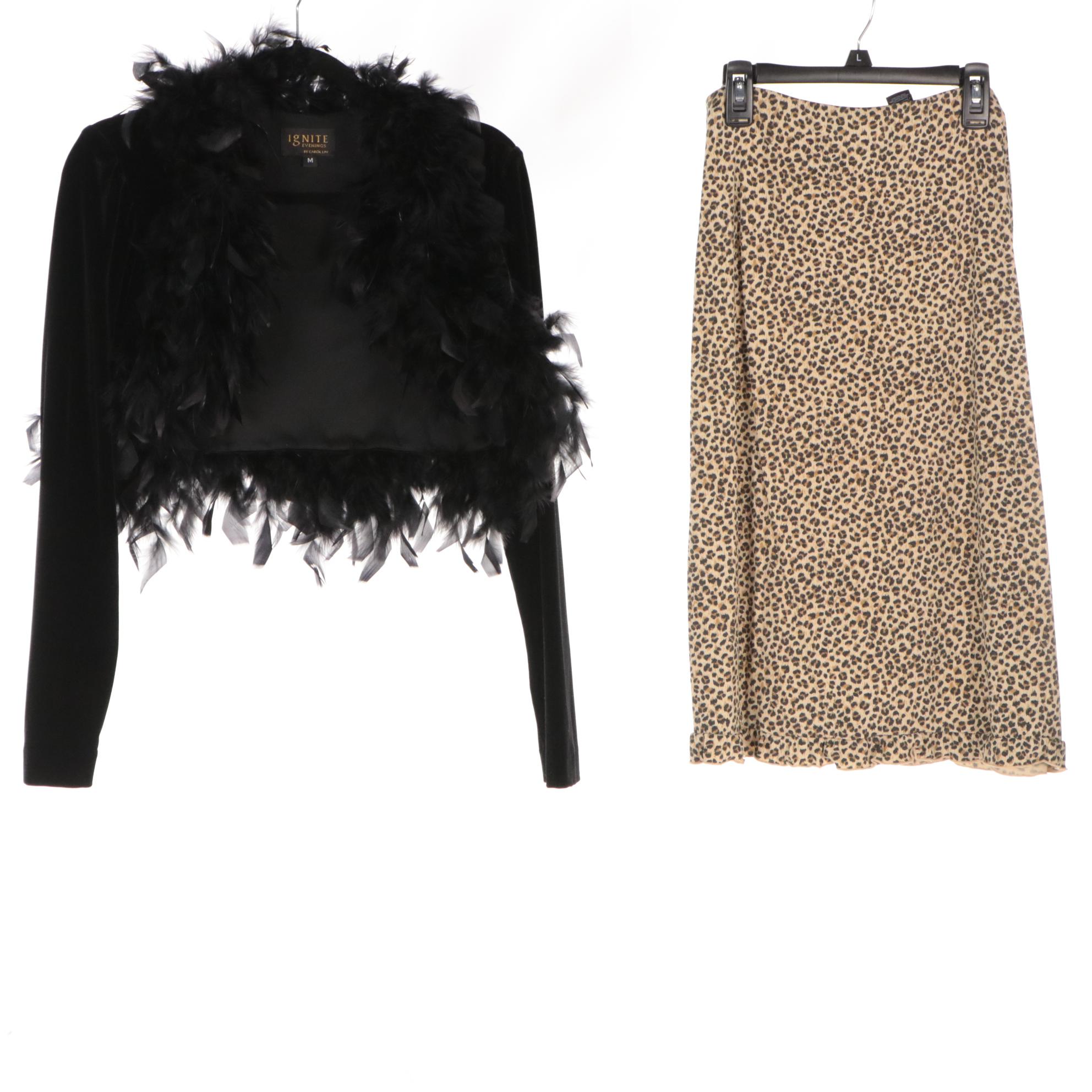 Liz Claiborne Leopard Print Skirt, Carol Lin Feathered Crop Jacket & Other Pants