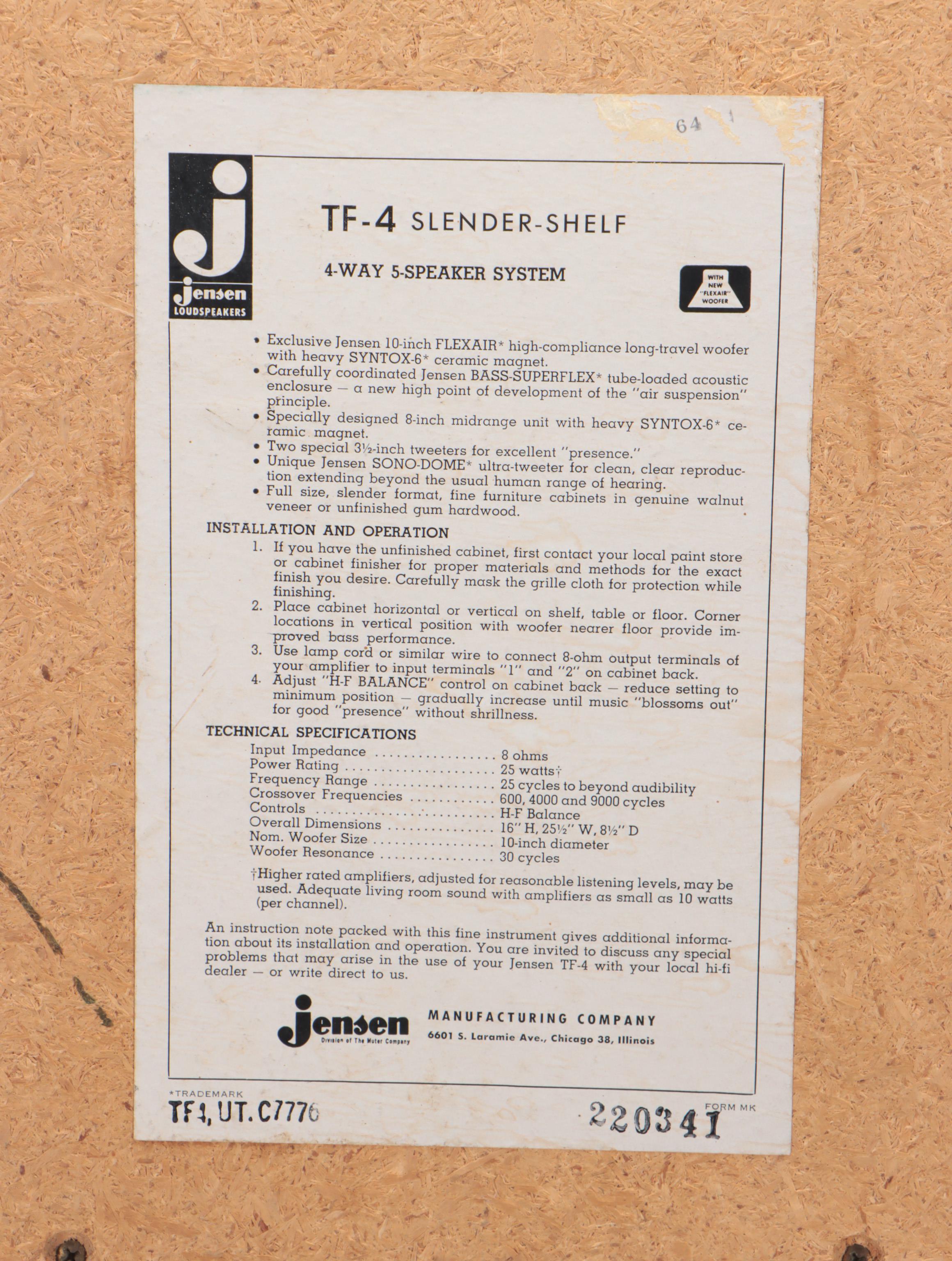 Jensen TF-4 Slender-Shelf Stereo Speakers