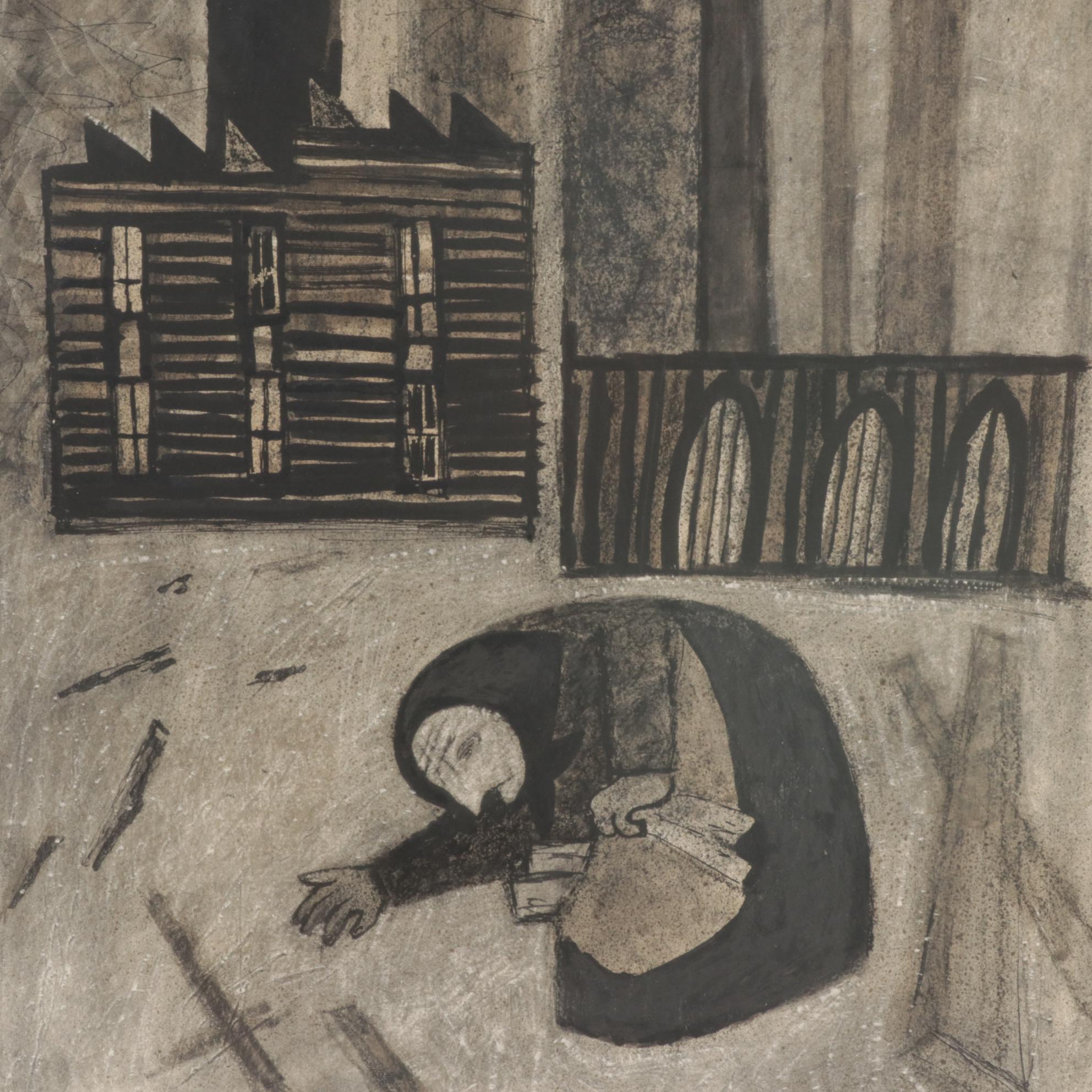 Gregorio Prestopino Watercolor and Ink Wash Painting "Little Grandma"