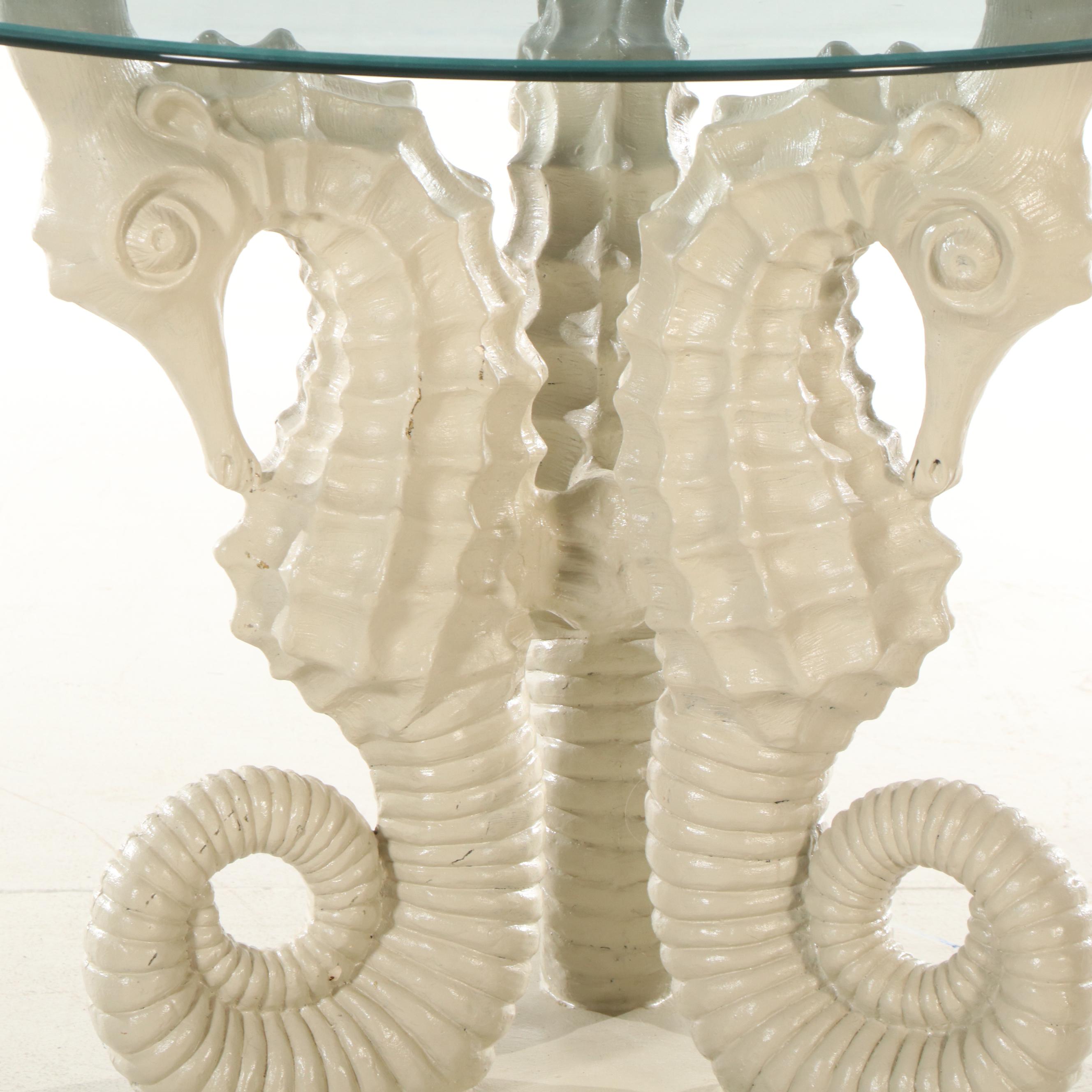 Glass Top Dining Table with Seahorse Shaped Pedestal Base