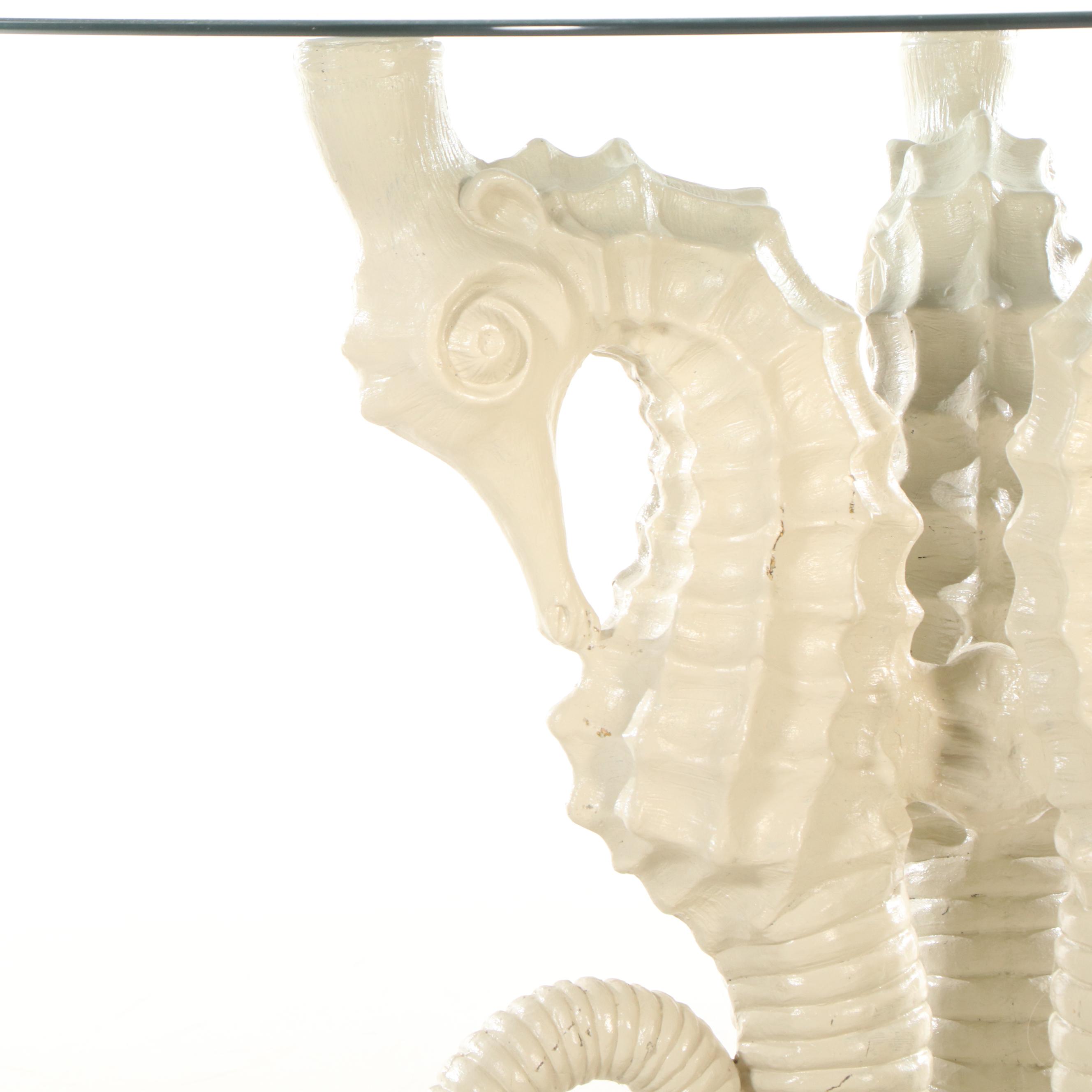 Glass Top Dining Table with Seahorse Shaped Pedestal Base