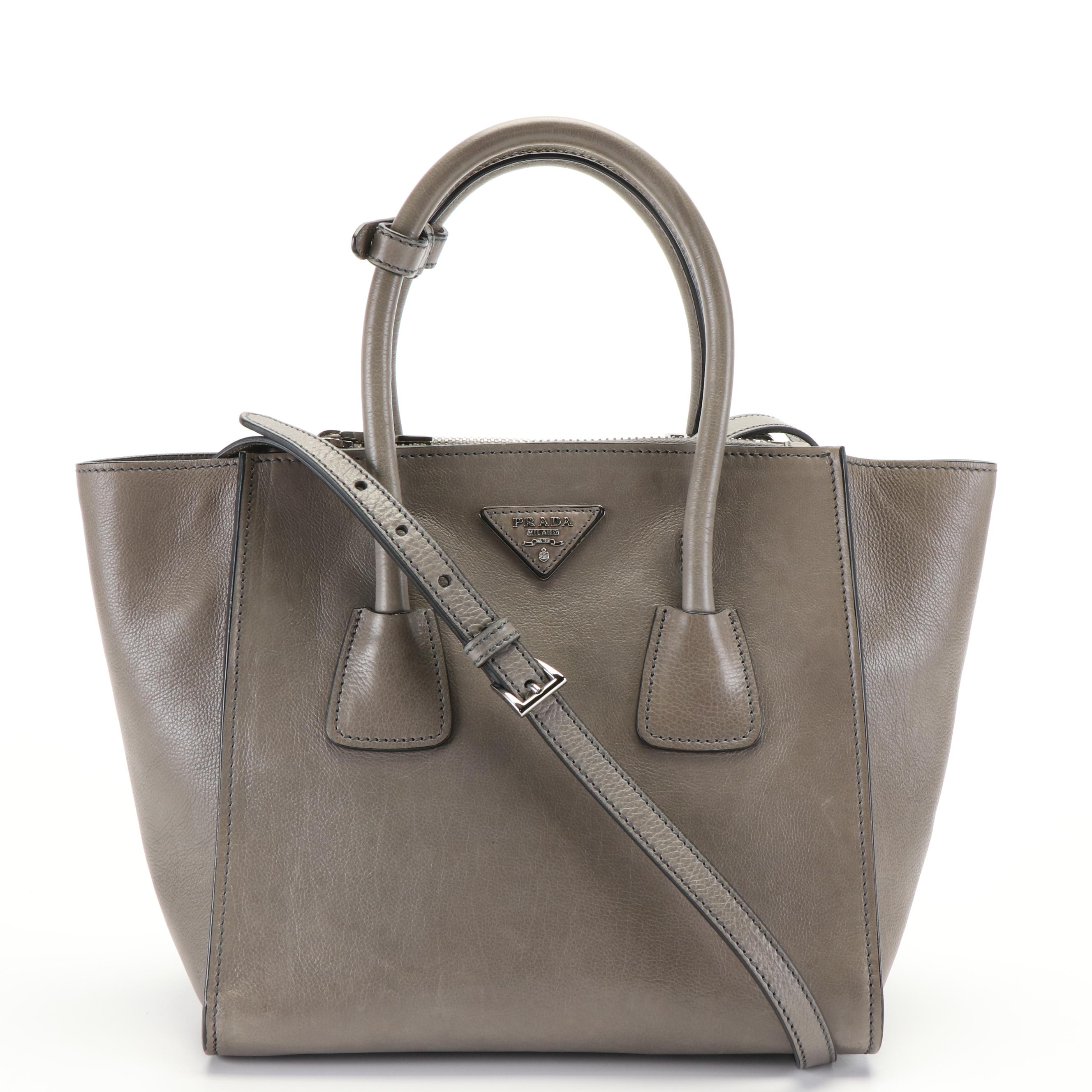 Prada City Twin Zippered Pockets Marble Grey Leather Tote Bag