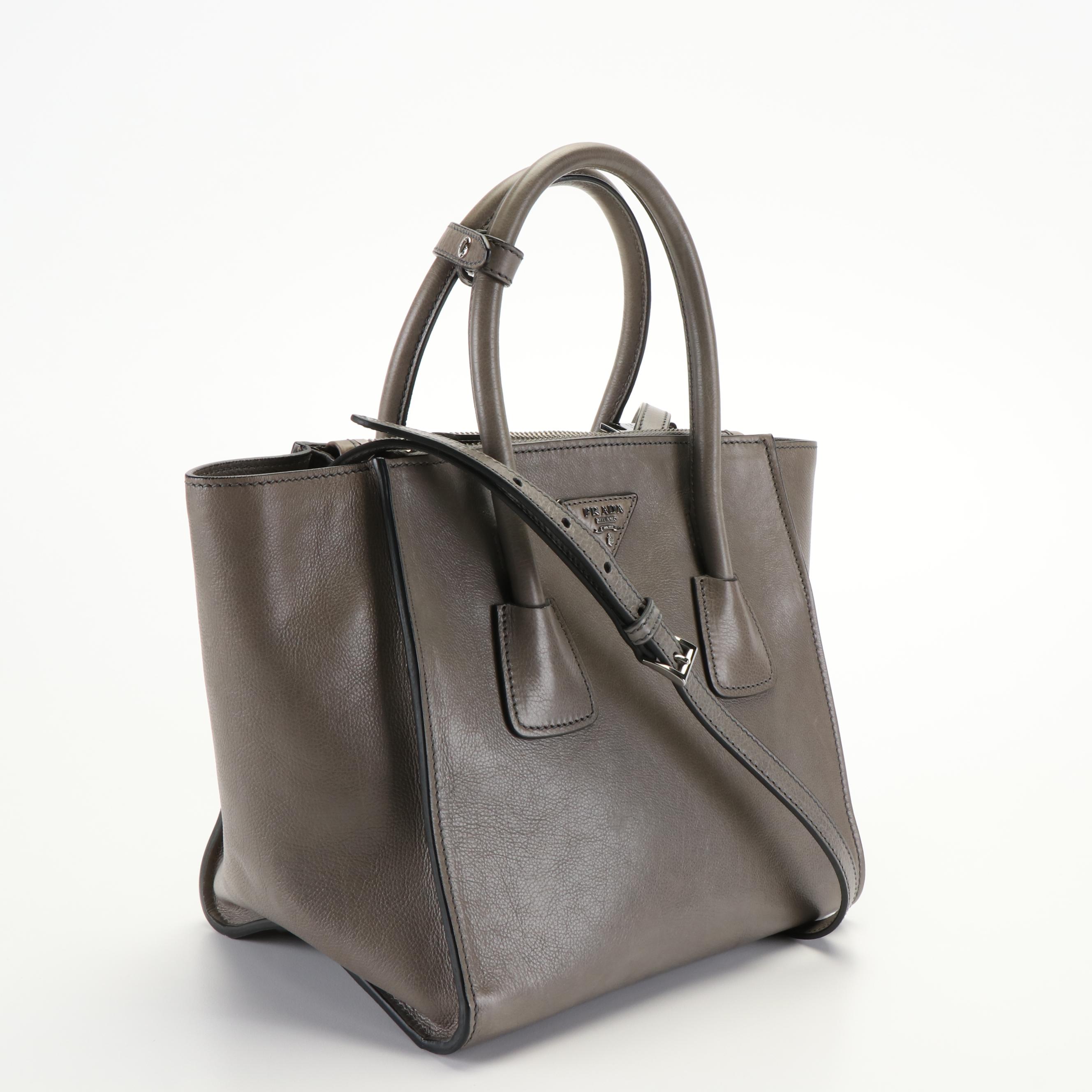 Prada City Twin Zippered Pockets Marble Grey Leather Tote Bag
