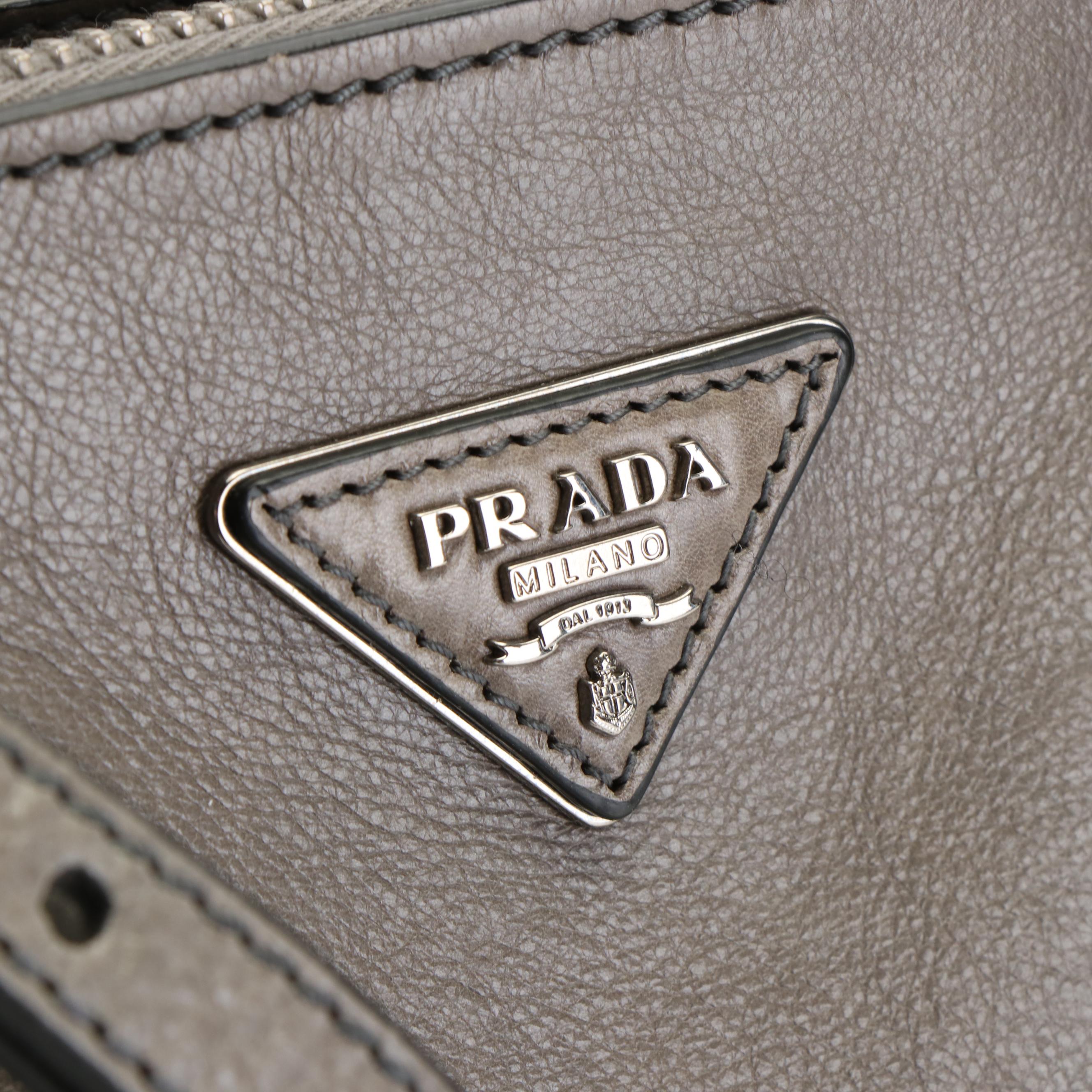 Prada City Twin Zippered Pockets Marble Grey Leather Tote Bag