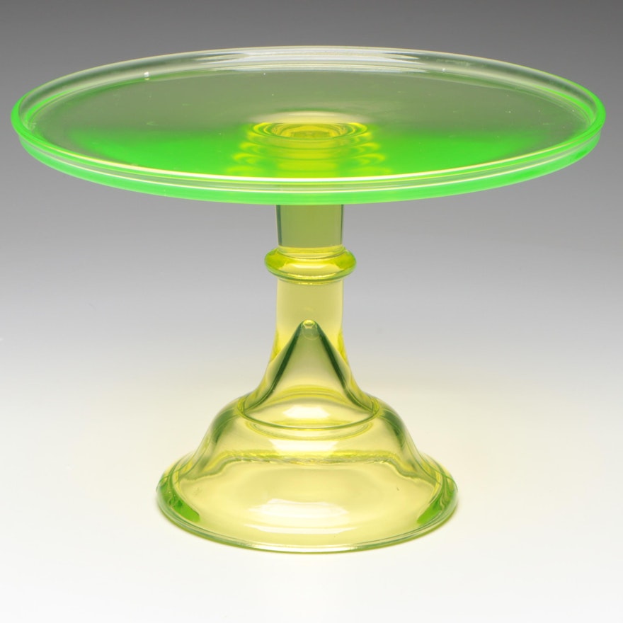 Mosser Green Vaseline Glass Pedestal Cake Stand, Late 20th/Early 21st C.