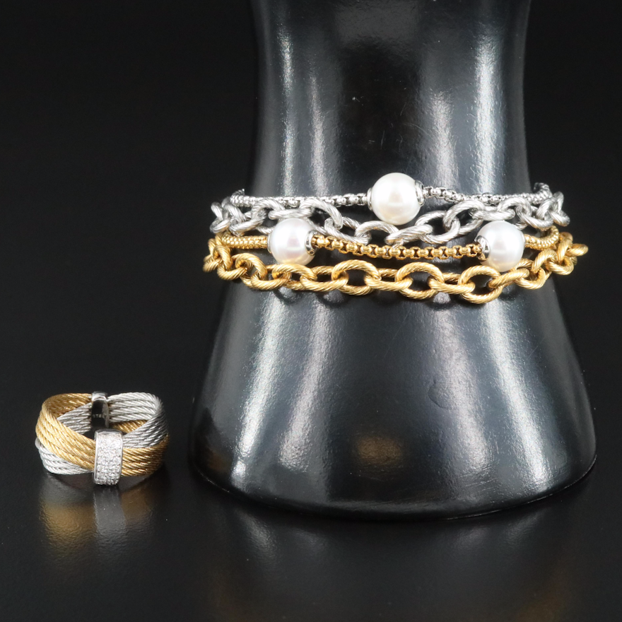 Alor Stainless Steel Bracelet and Ring with 18K, Pearl and Diamond Accents