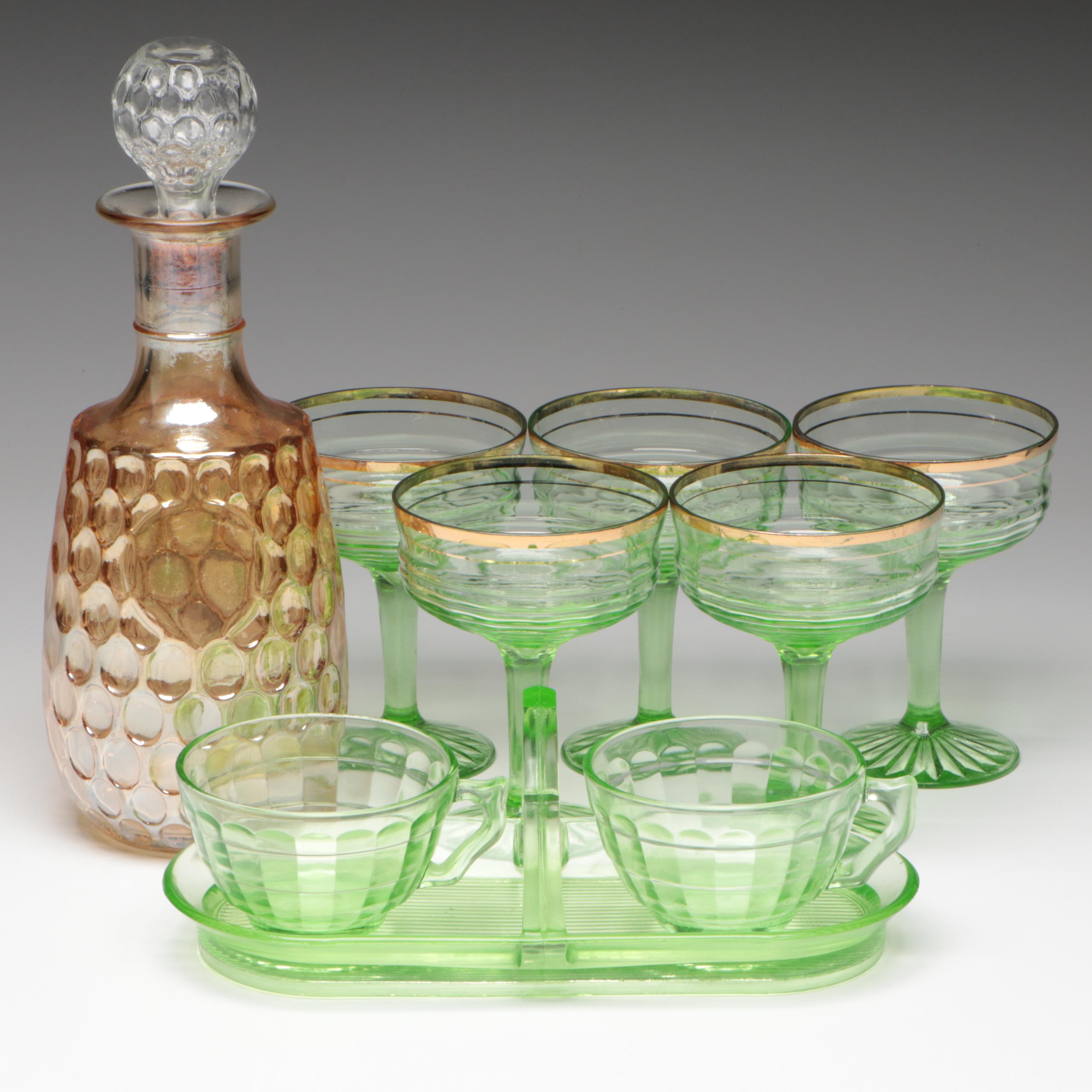 Marigold Carnival Glass Decanter with Anchor Hocking Vaseline Glass Drinkware