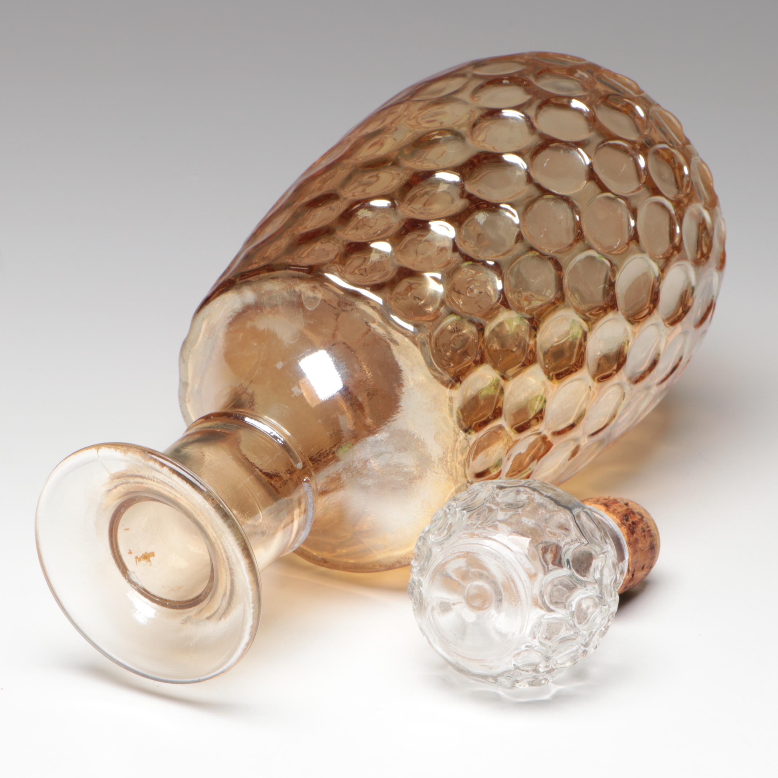 Marigold Carnival Glass Decanter with Anchor Hocking Vaseline Glass Drinkware