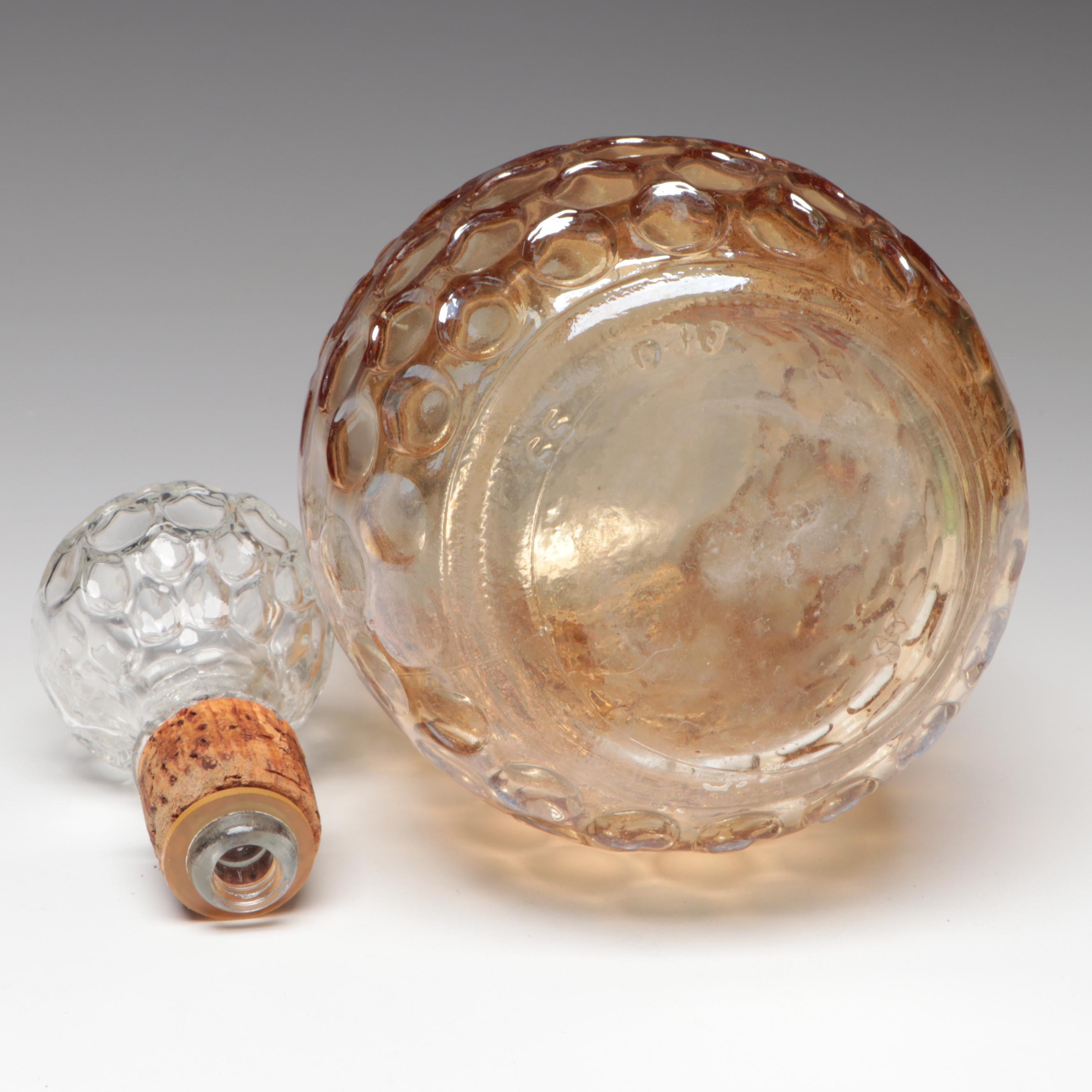 Marigold Carnival Glass Decanter with Anchor Hocking Vaseline Glass Drinkware