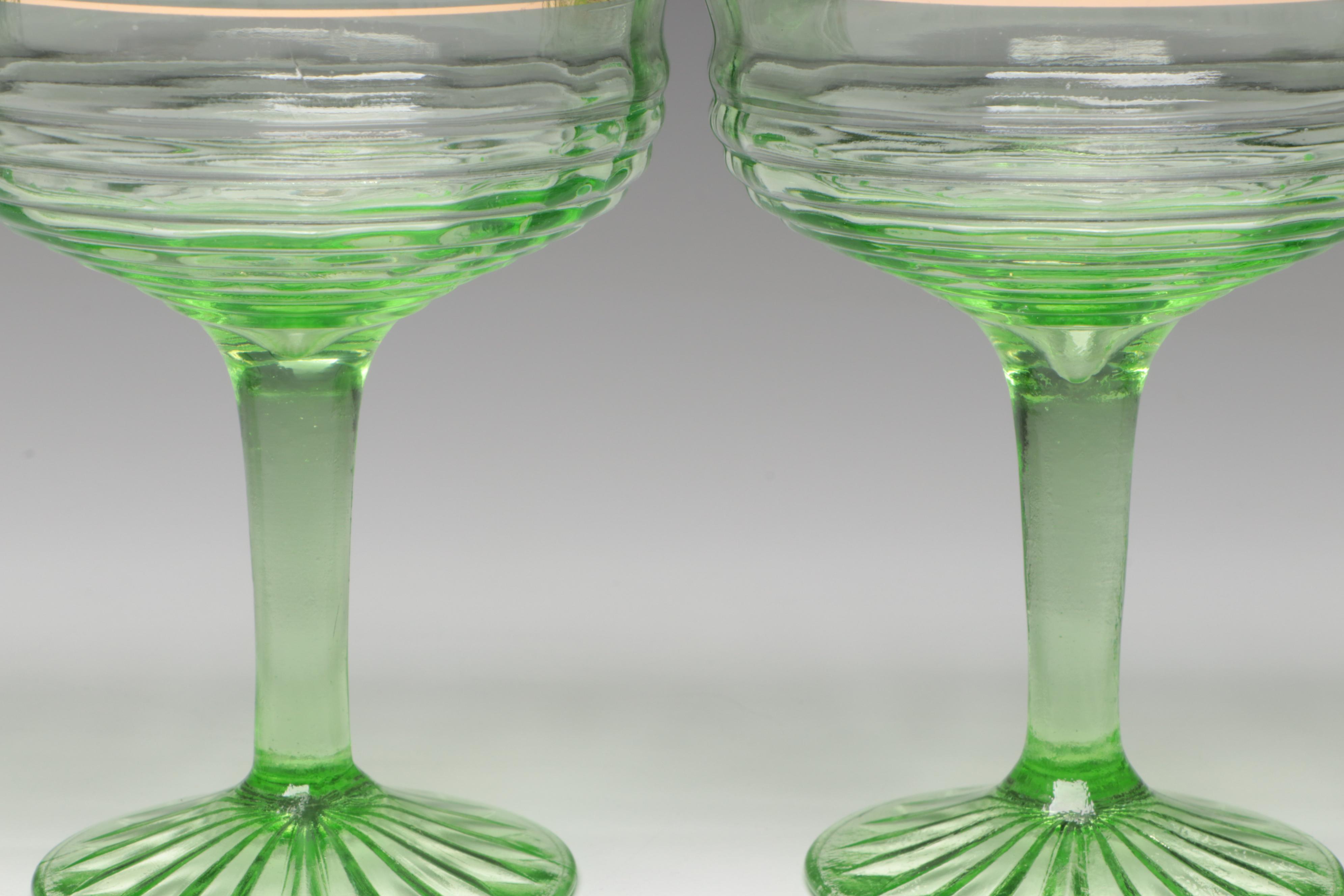 Marigold Carnival Glass Decanter with Anchor Hocking Vaseline Glass Drinkware