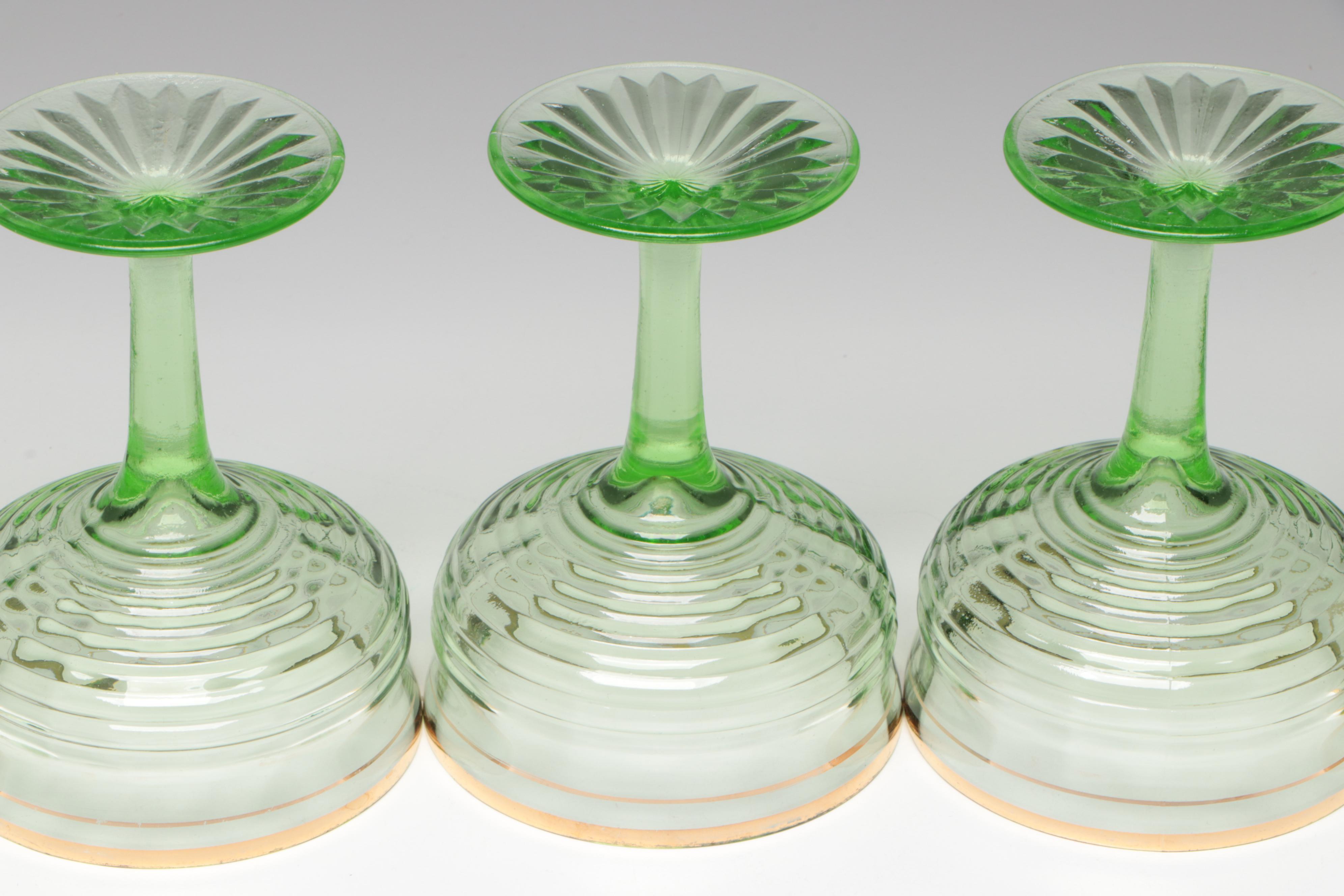 Marigold Carnival Glass Decanter with Anchor Hocking Vaseline Glass Drinkware