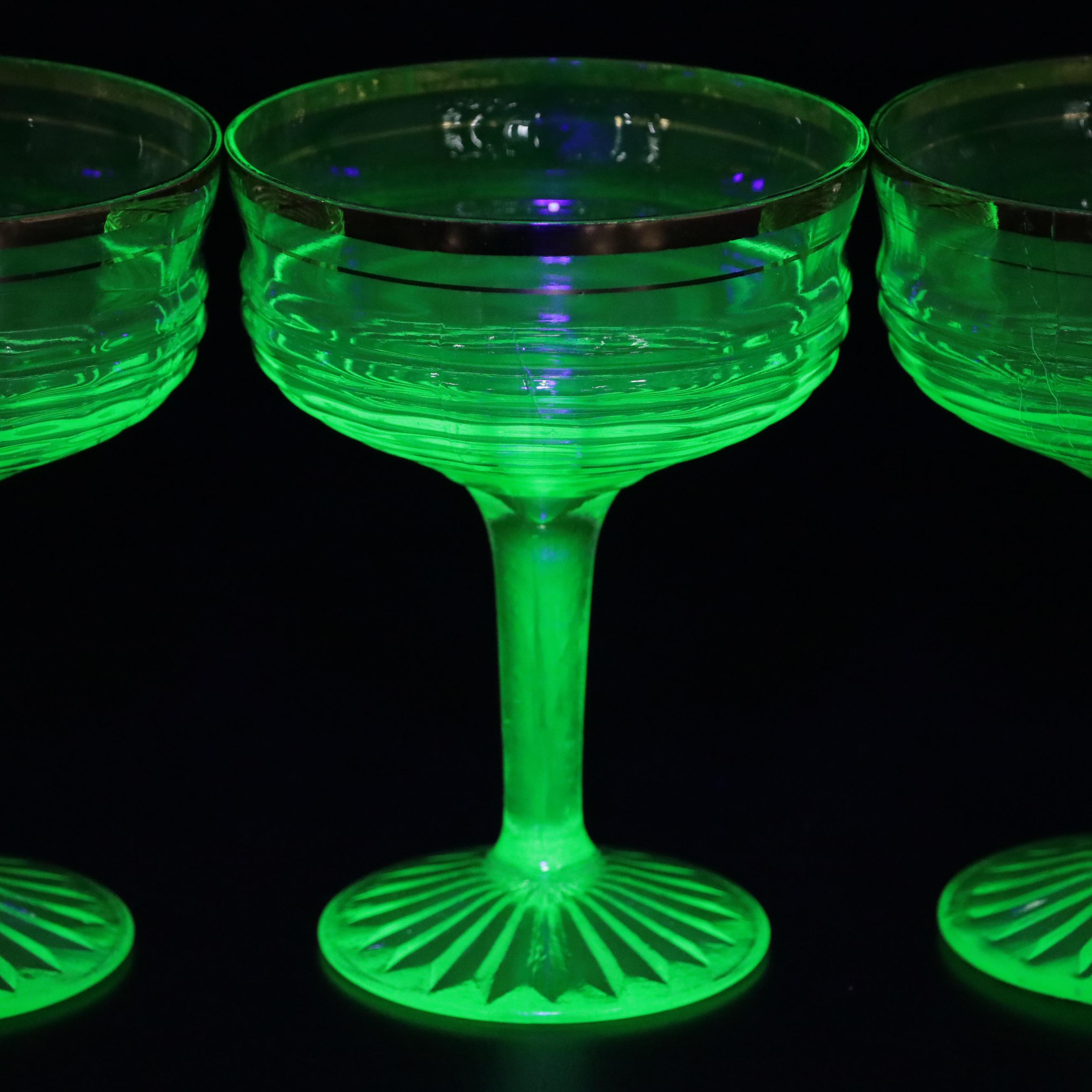 Marigold Carnival Glass Decanter with Anchor Hocking Vaseline Glass Drinkware