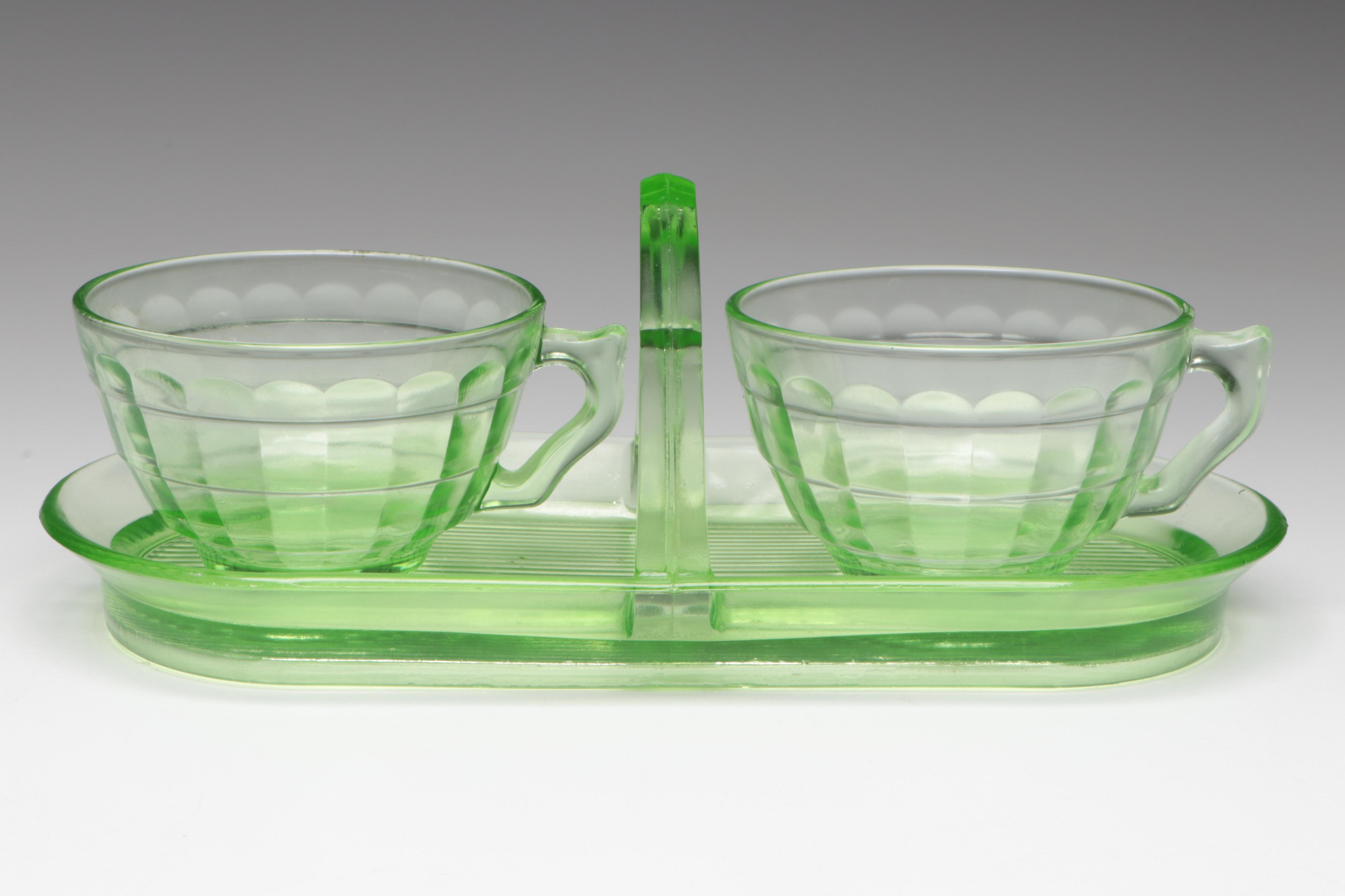 Marigold Carnival Glass Decanter with Anchor Hocking Vaseline Glass Drinkware