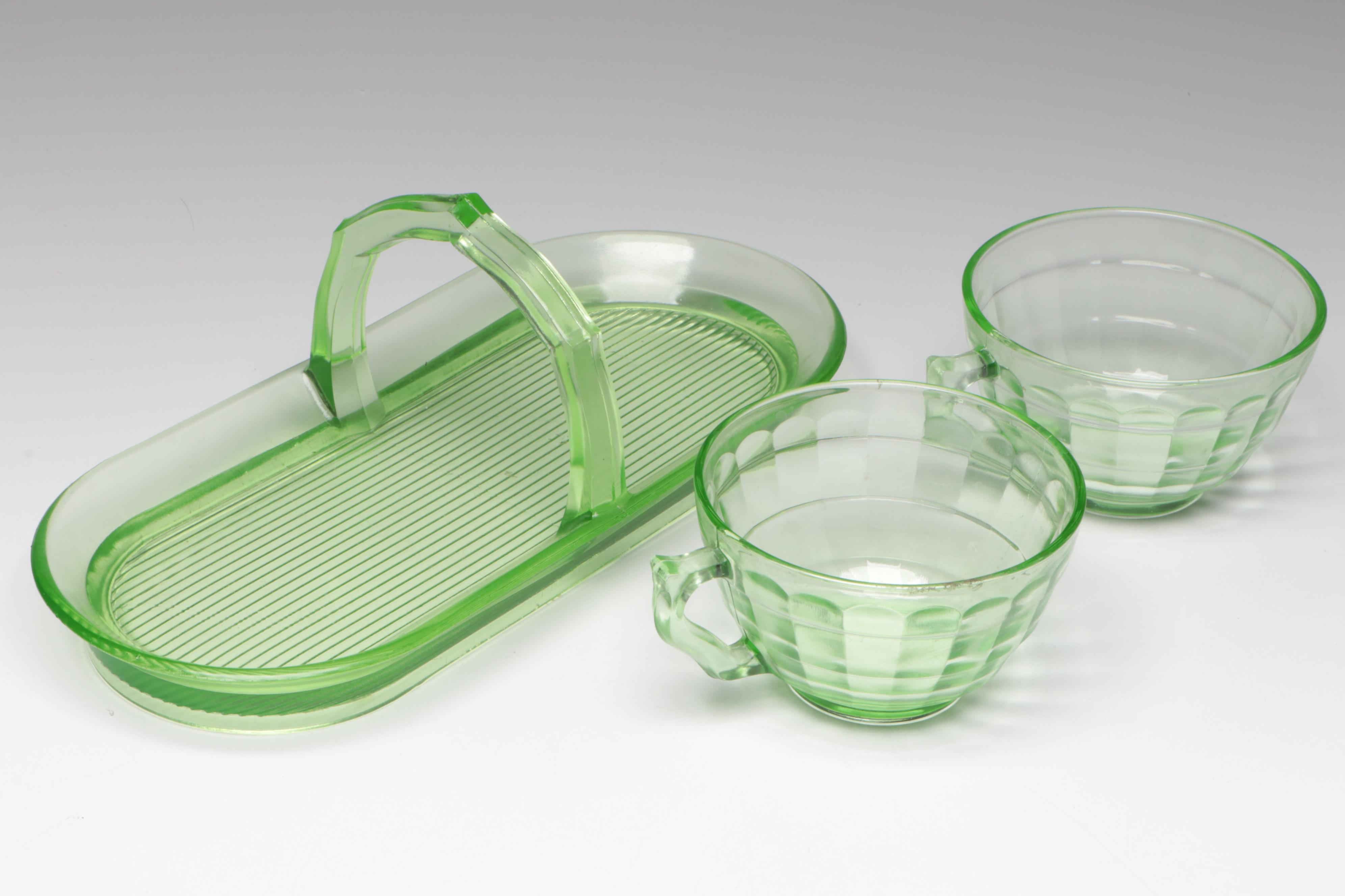 Marigold Carnival Glass Decanter with Anchor Hocking Vaseline Glass Drinkware