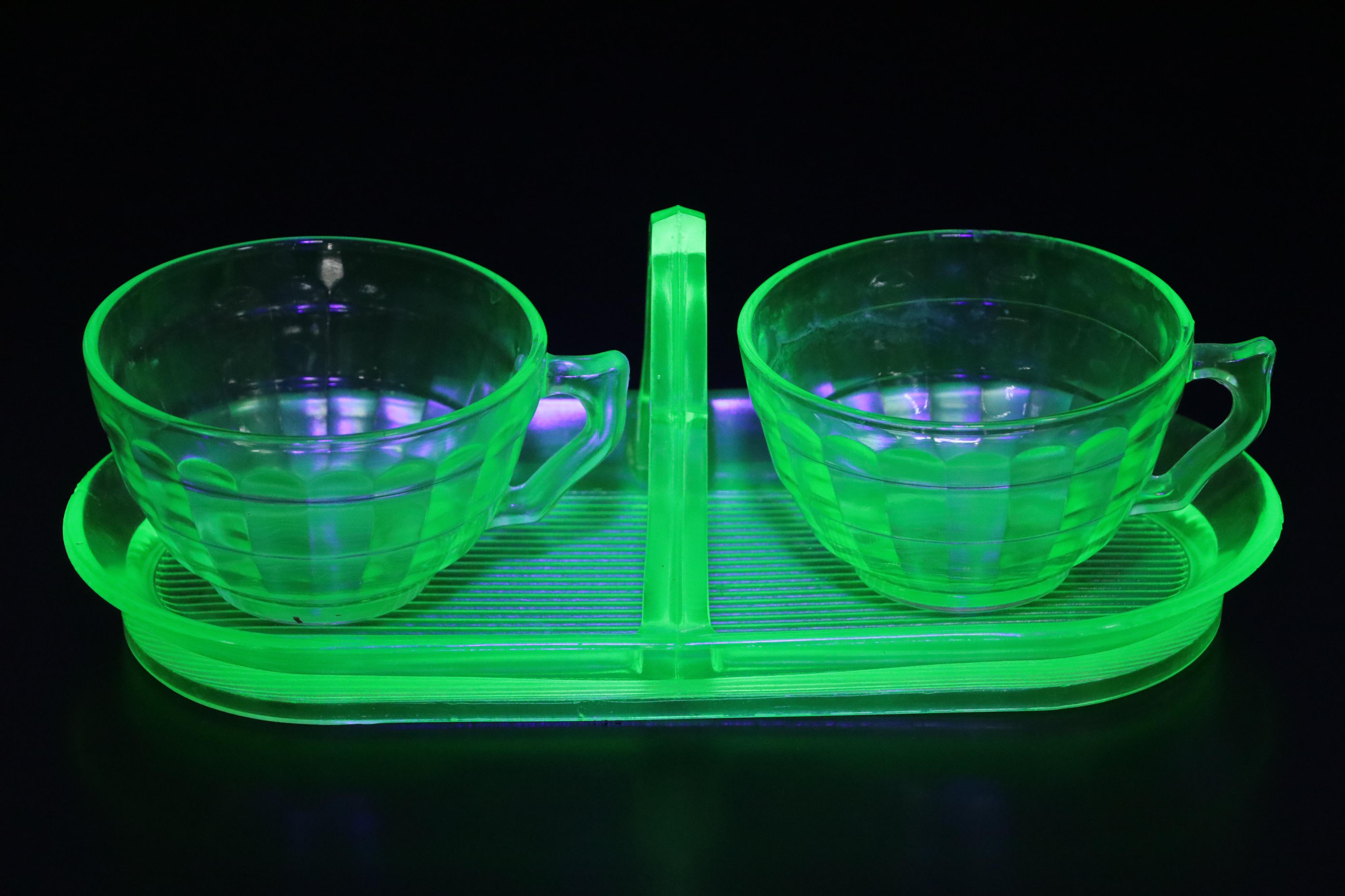 Marigold Carnival Glass Decanter with Anchor Hocking Vaseline Glass Drinkware