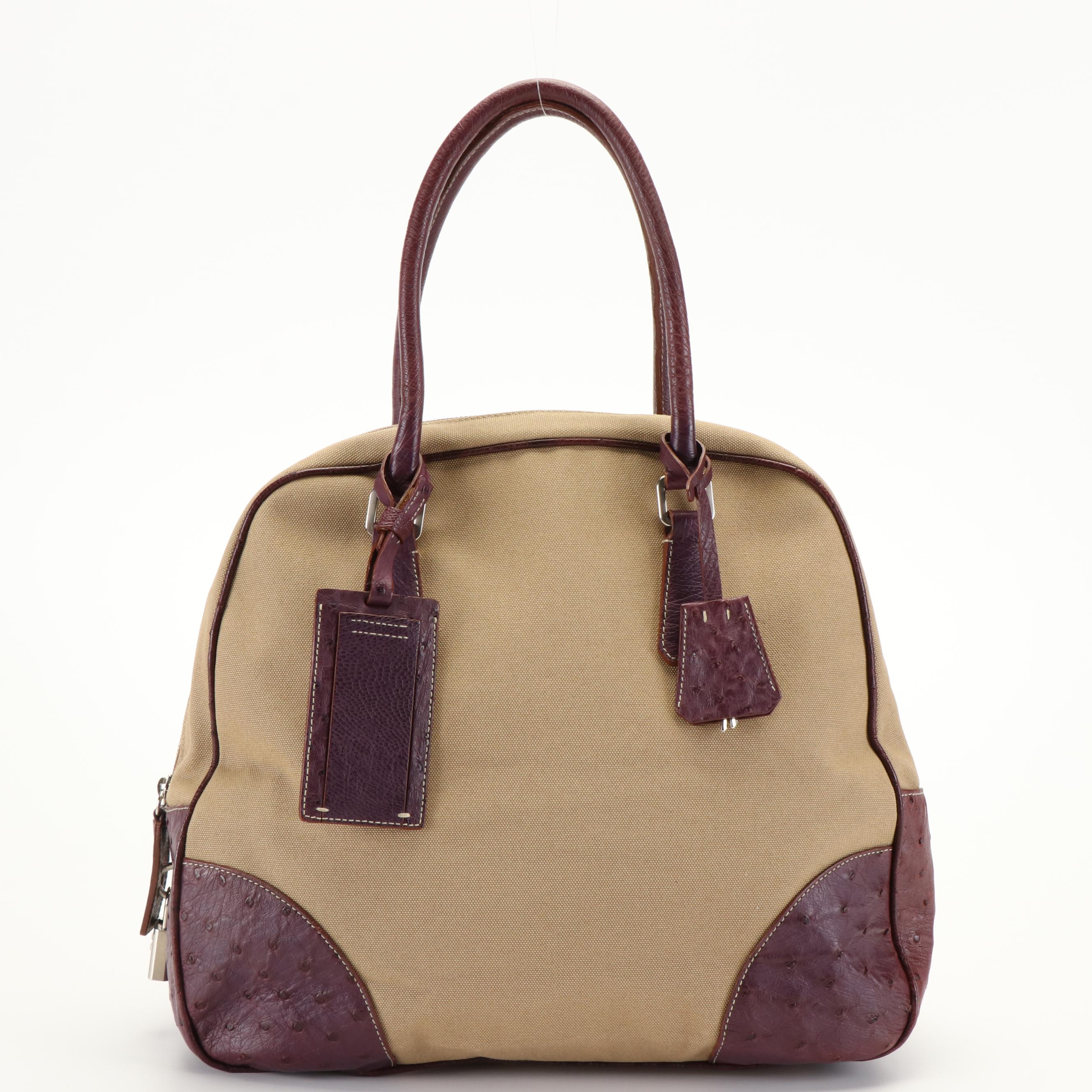 Prada Bauletto Canapa and Ostrich Handled Dome Bag