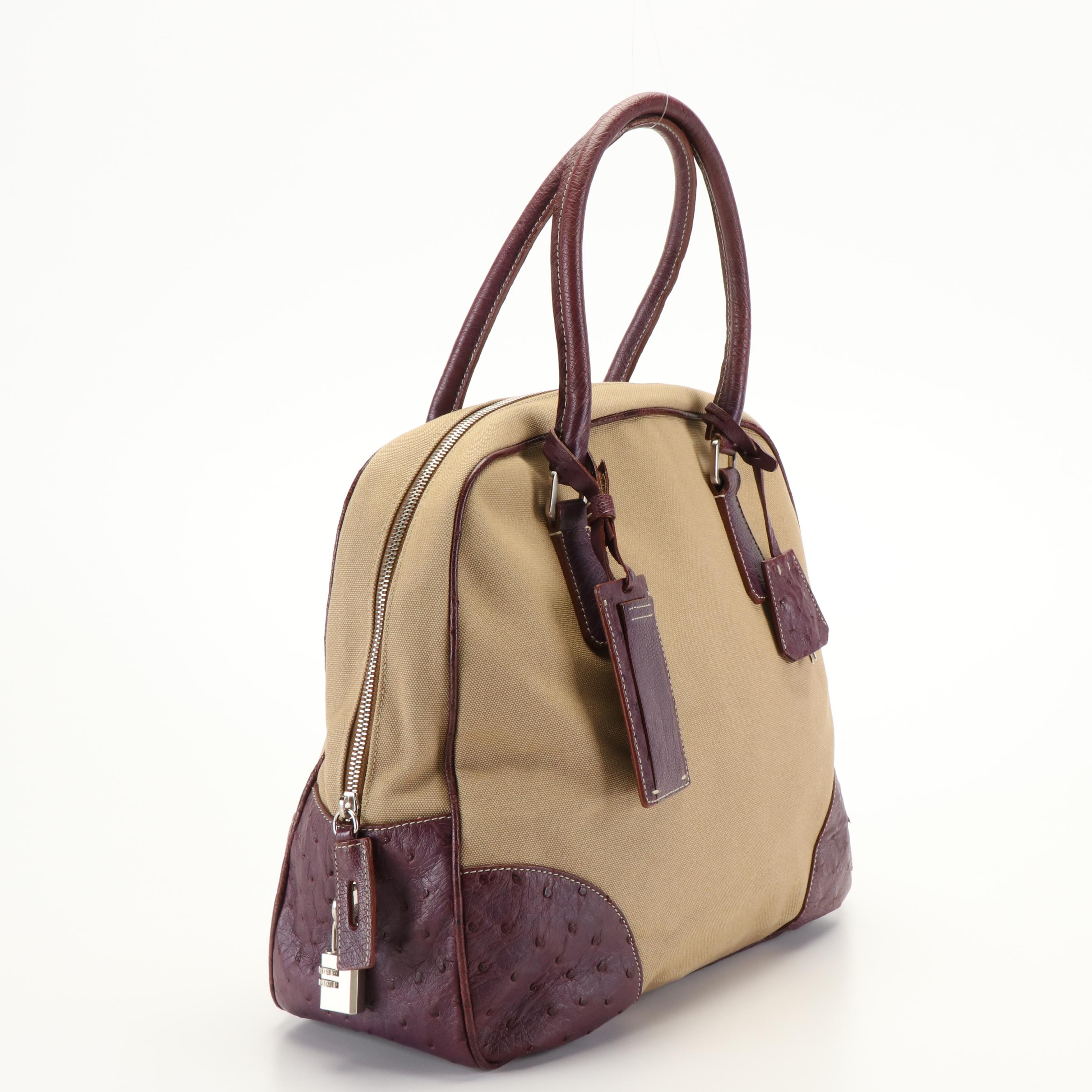 Prada Bauletto Canapa and Ostrich Handled Dome Bag