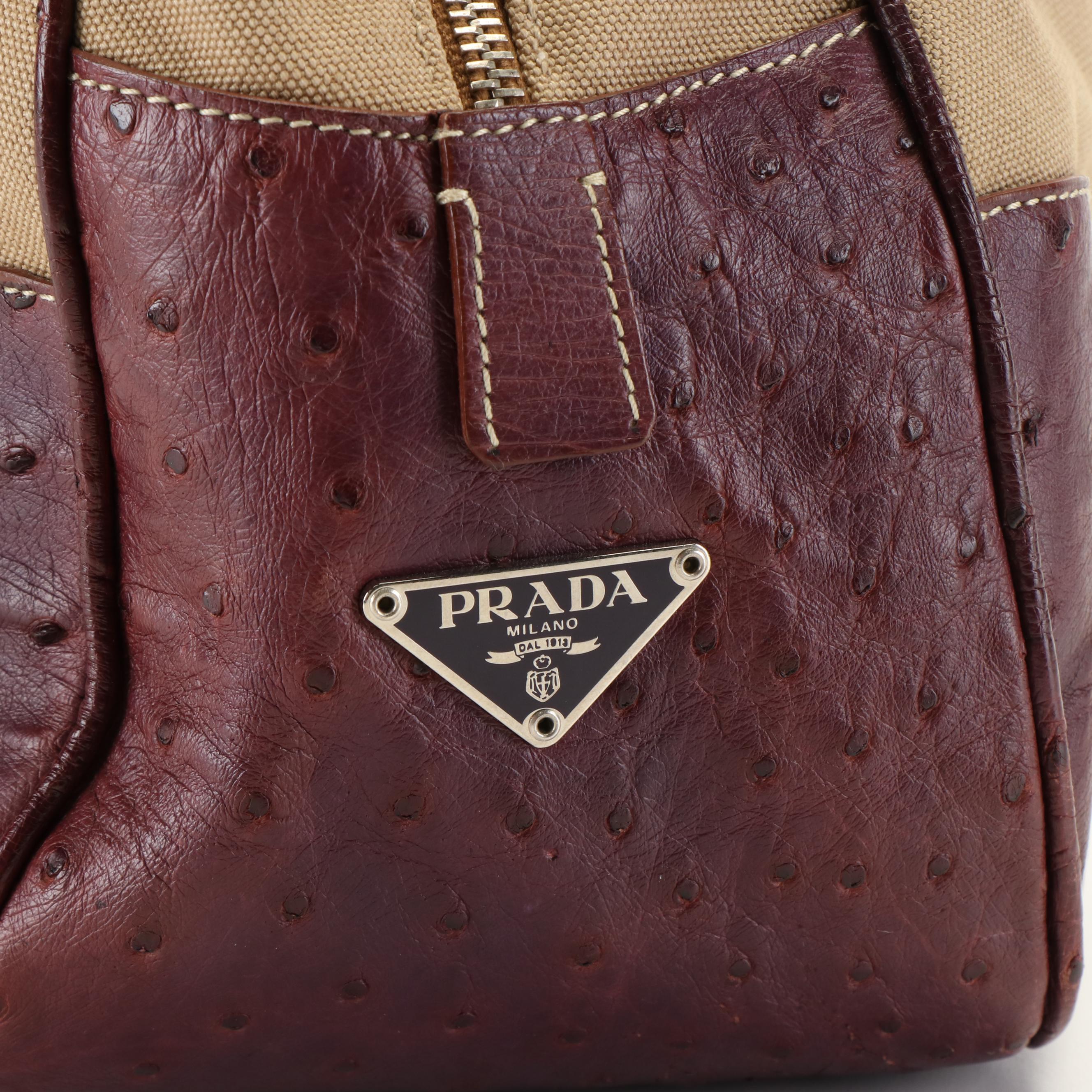 Prada Bauletto Canapa and Ostrich Handled Dome Bag