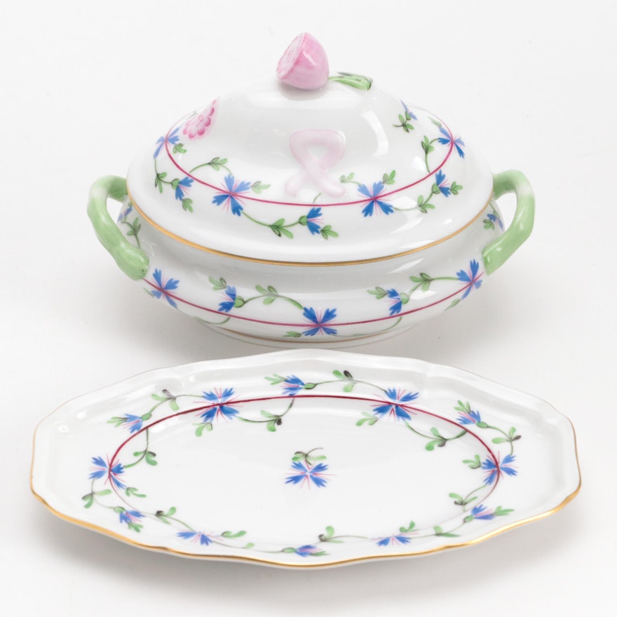 Herend "Blue Garland" Porcelain Mini Tureen, Lid and Under Plate