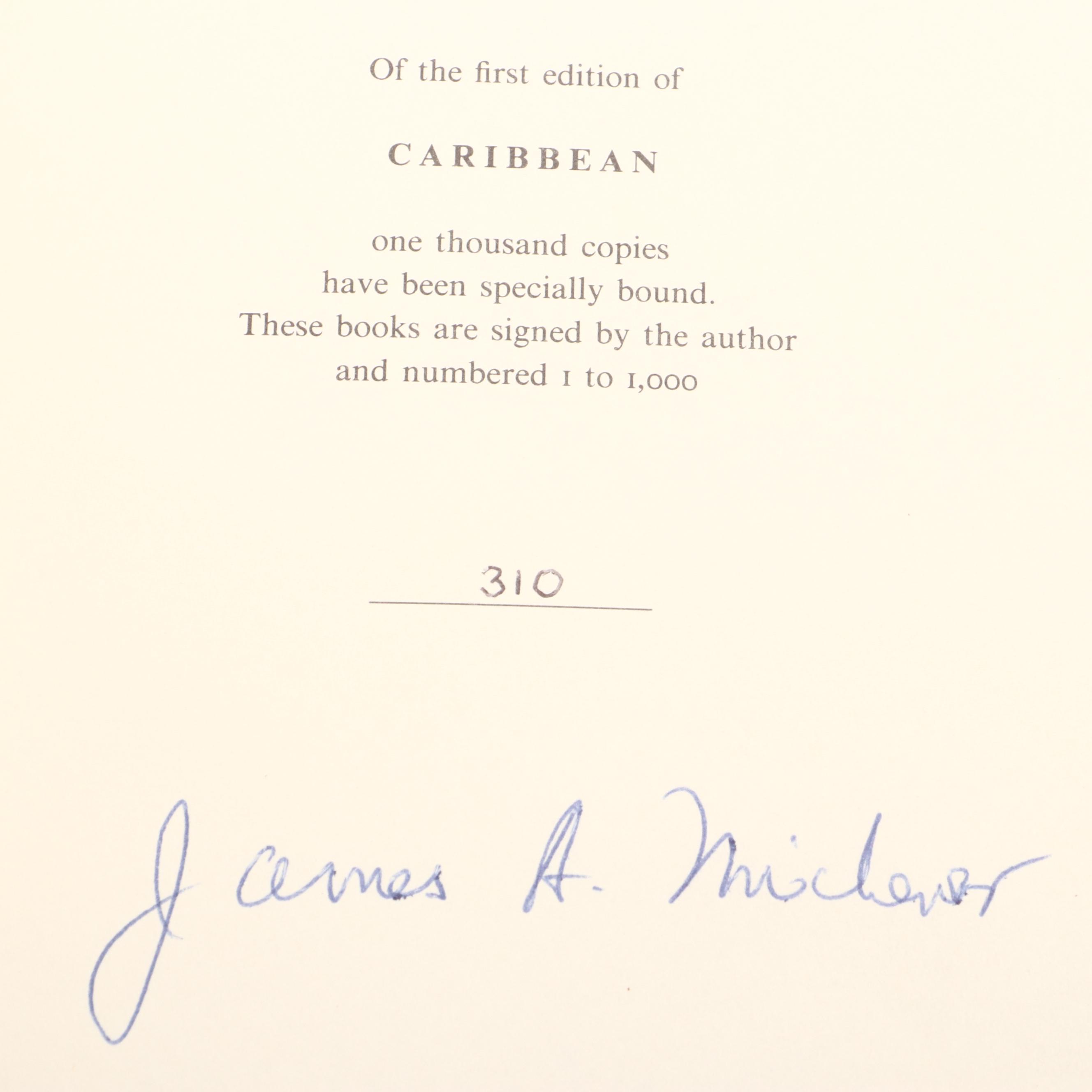 Signed First Edition James Michener Novels with "Caribbean" and "Chesapeake"