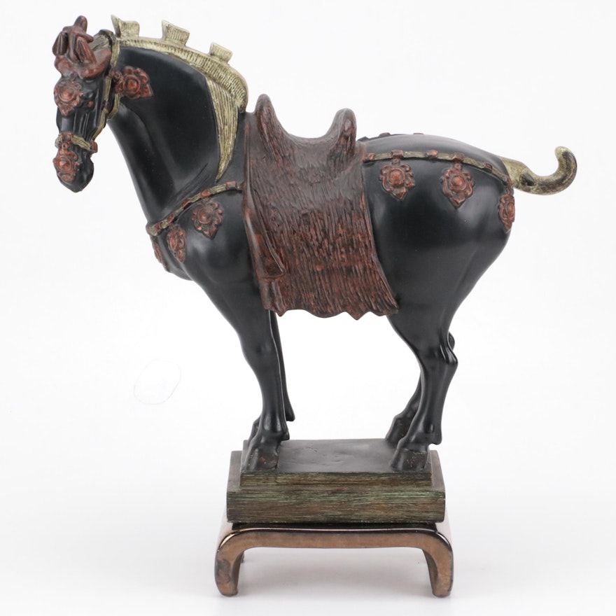 Chinese Tang Style Cast Resin Horse Figure on Ceramic Base
