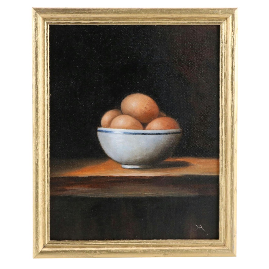 Houra Alghizzi Still Life Oil Painting "A Bowl of Brown Eggs," 2024