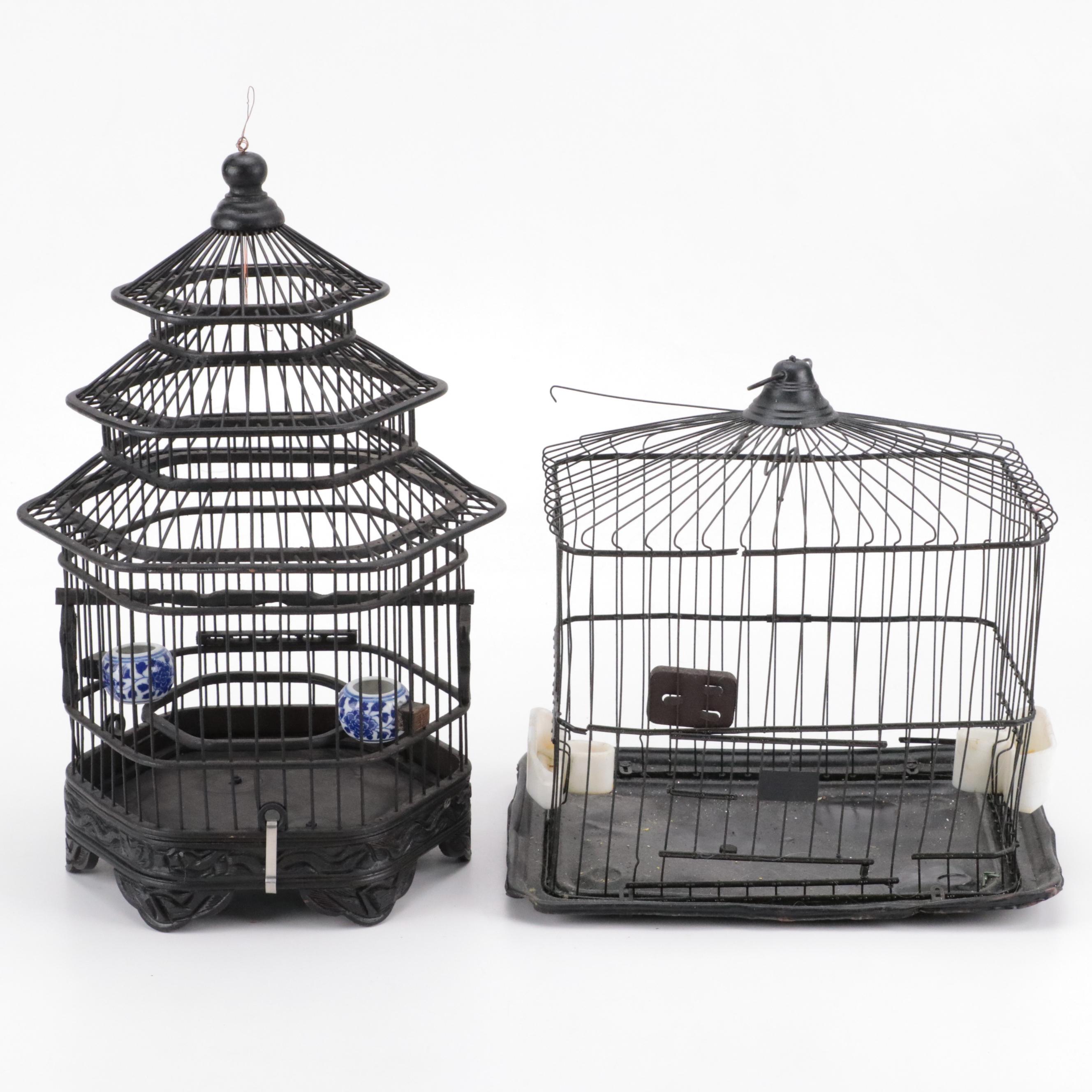 Painted Wood Pagoda Birdcage with Metal Bird Cage