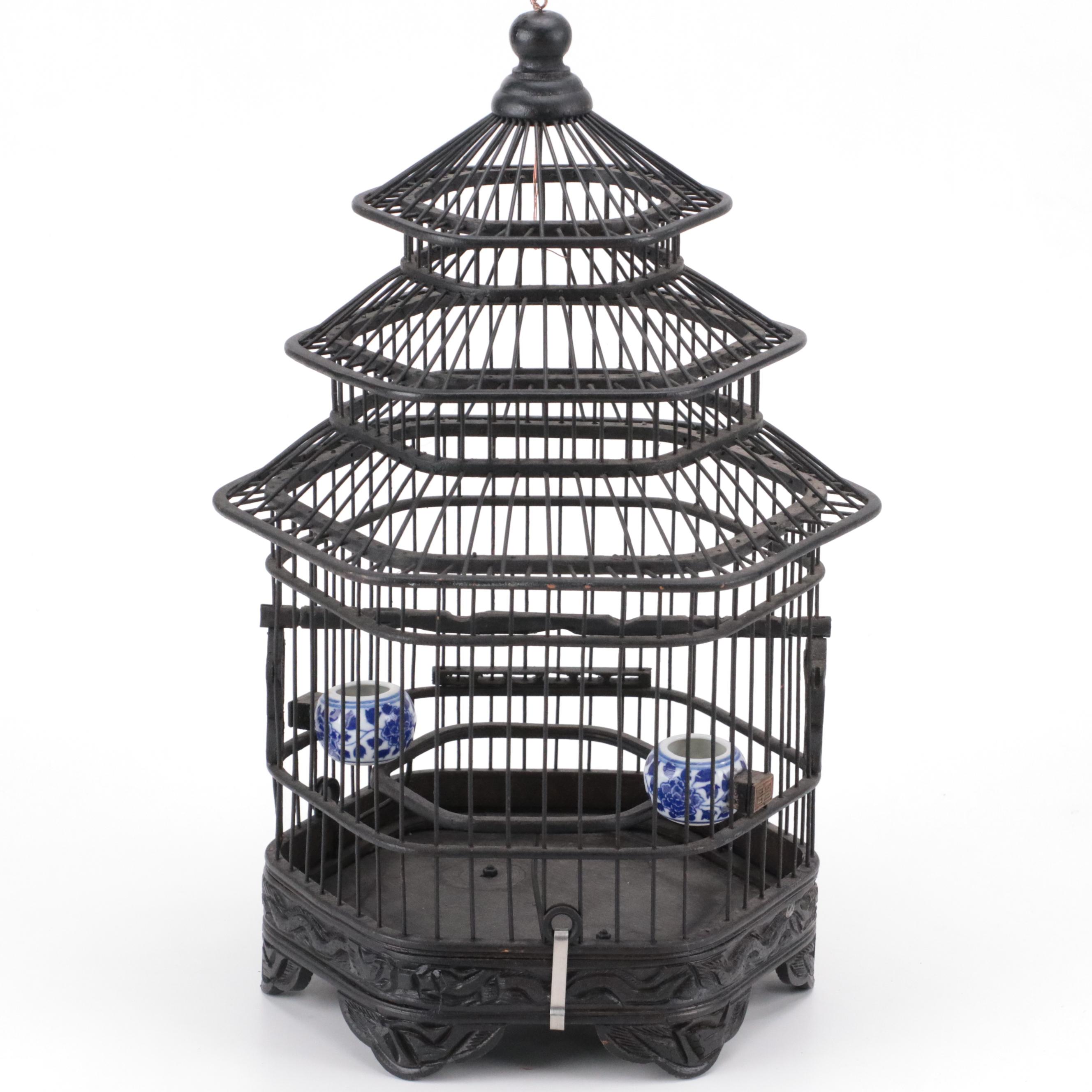 Painted Wood Pagoda Birdcage with Metal Bird Cage