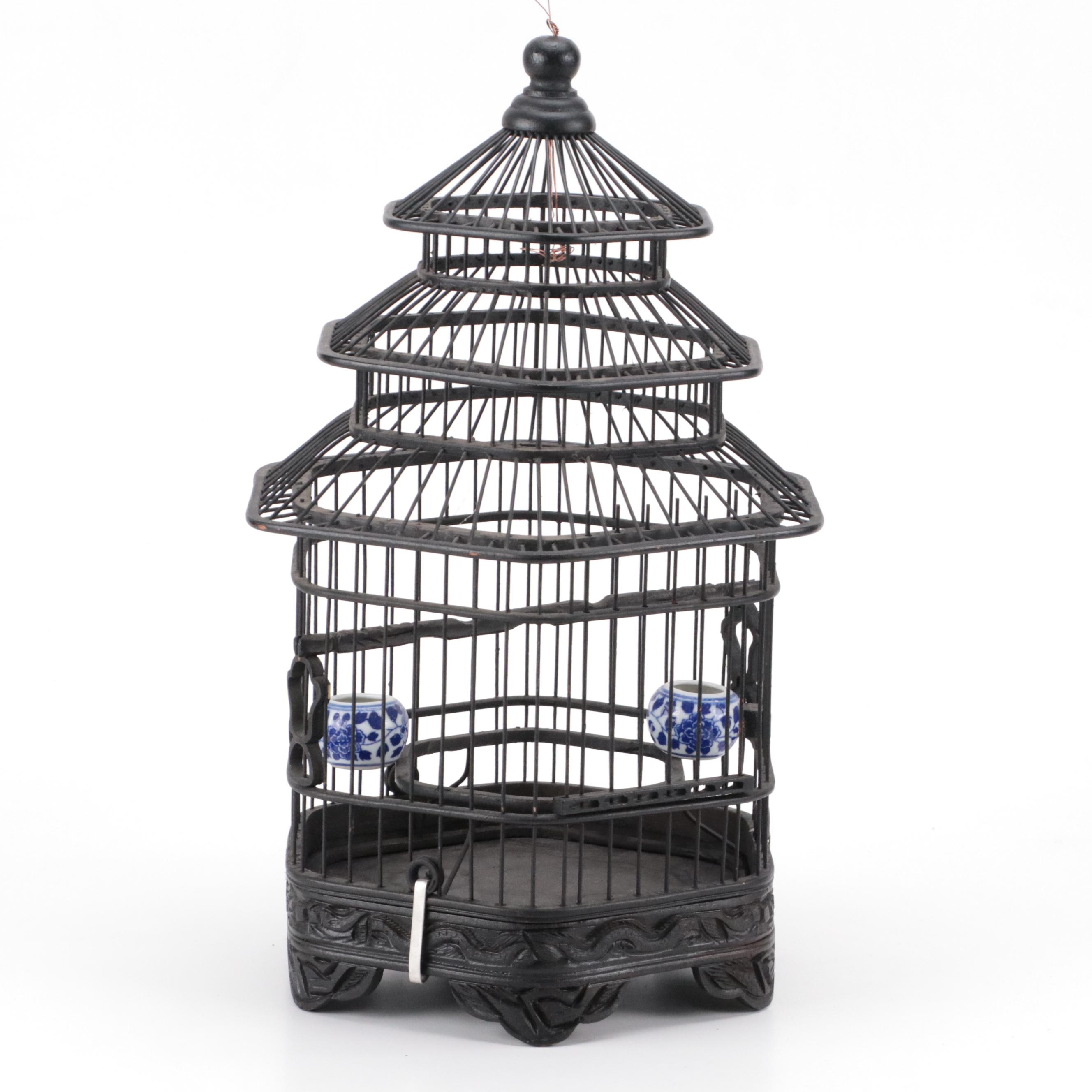 Painted Wood Pagoda Birdcage with Metal Bird Cage