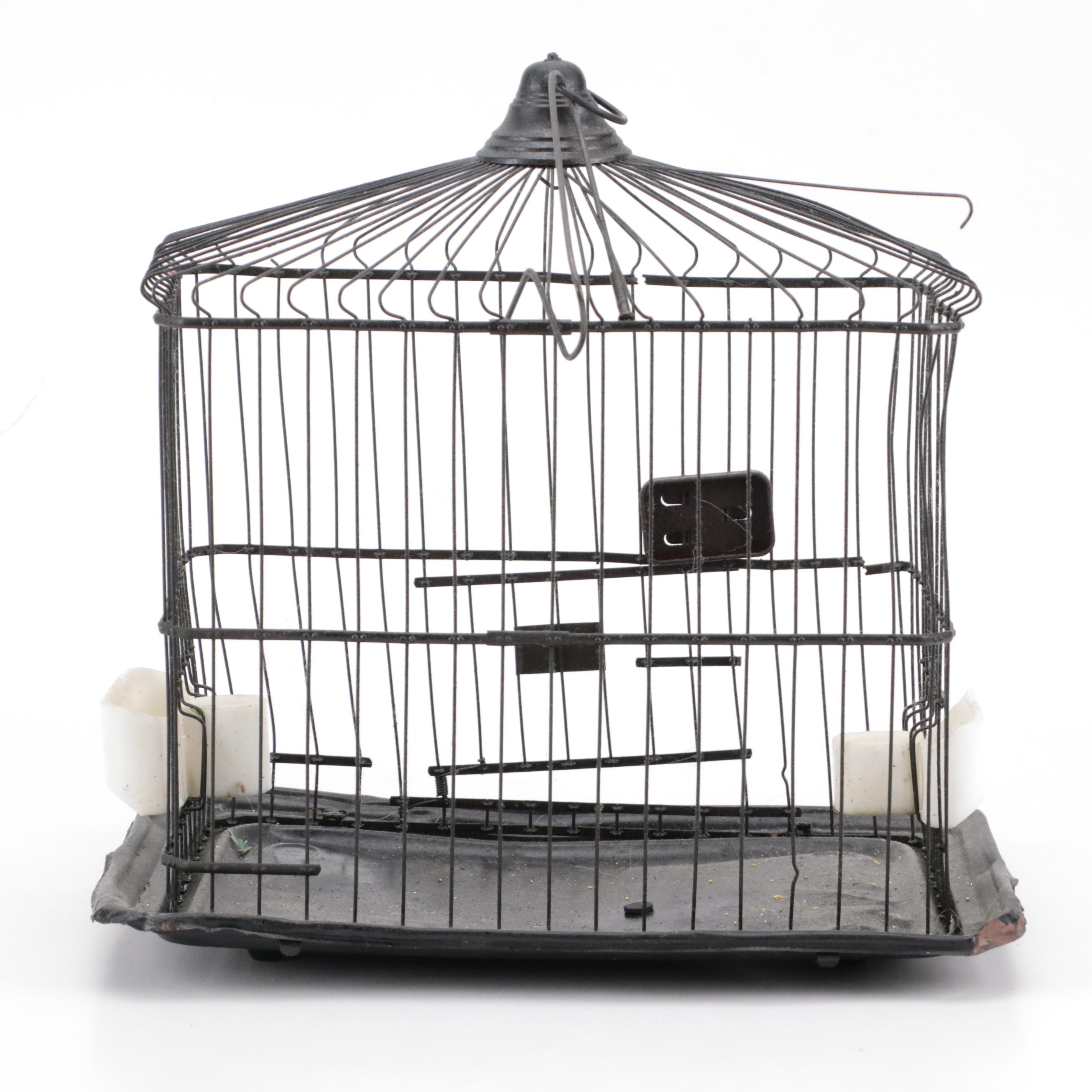 Painted Wood Pagoda Birdcage with Metal Bird Cage