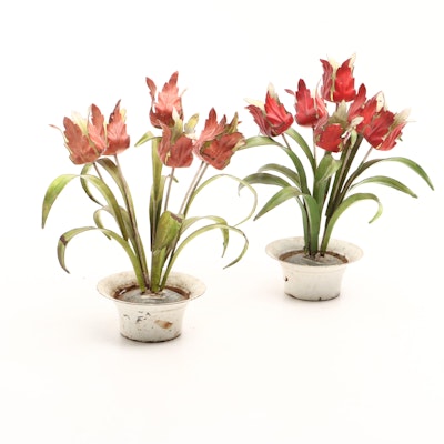 Florentia Tole Painted Metal Tulip Plant Figures, Mid to Late 20th Century