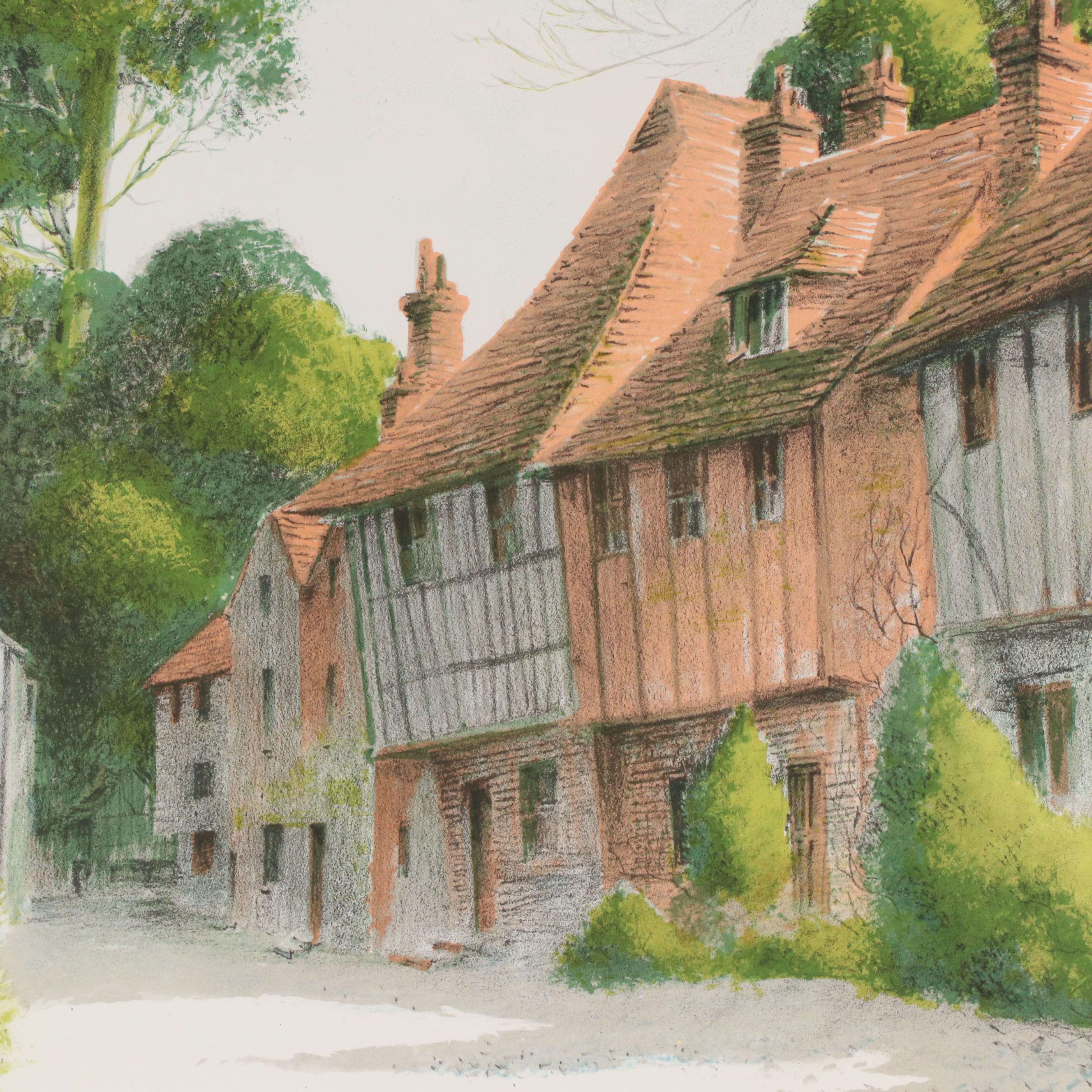 Lithograph of European Neighborhood Street Scene