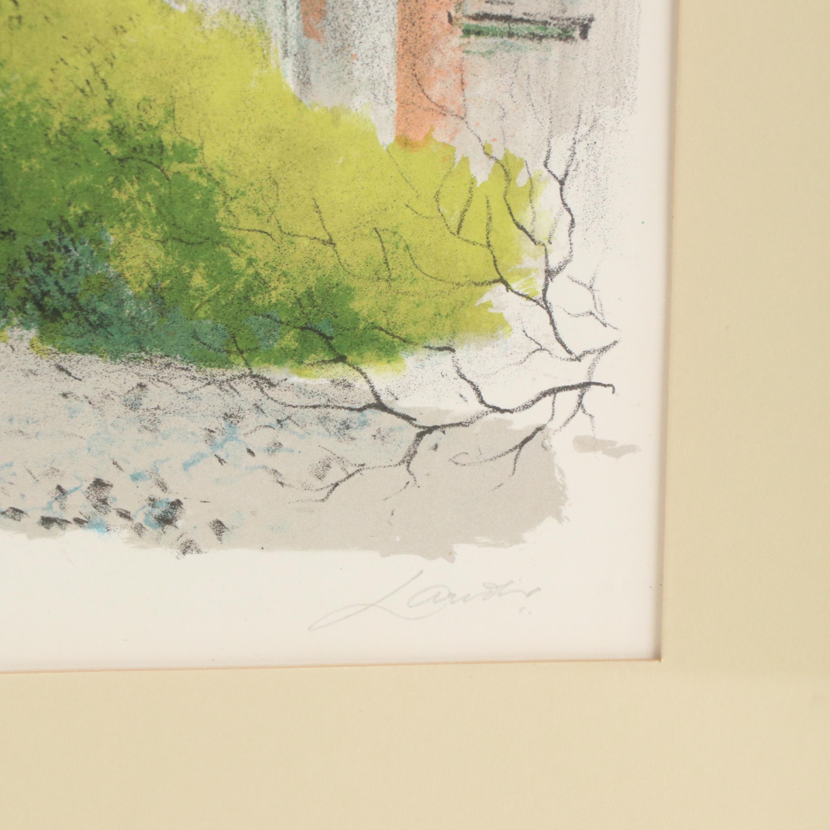 Lithograph of European Neighborhood Street Scene