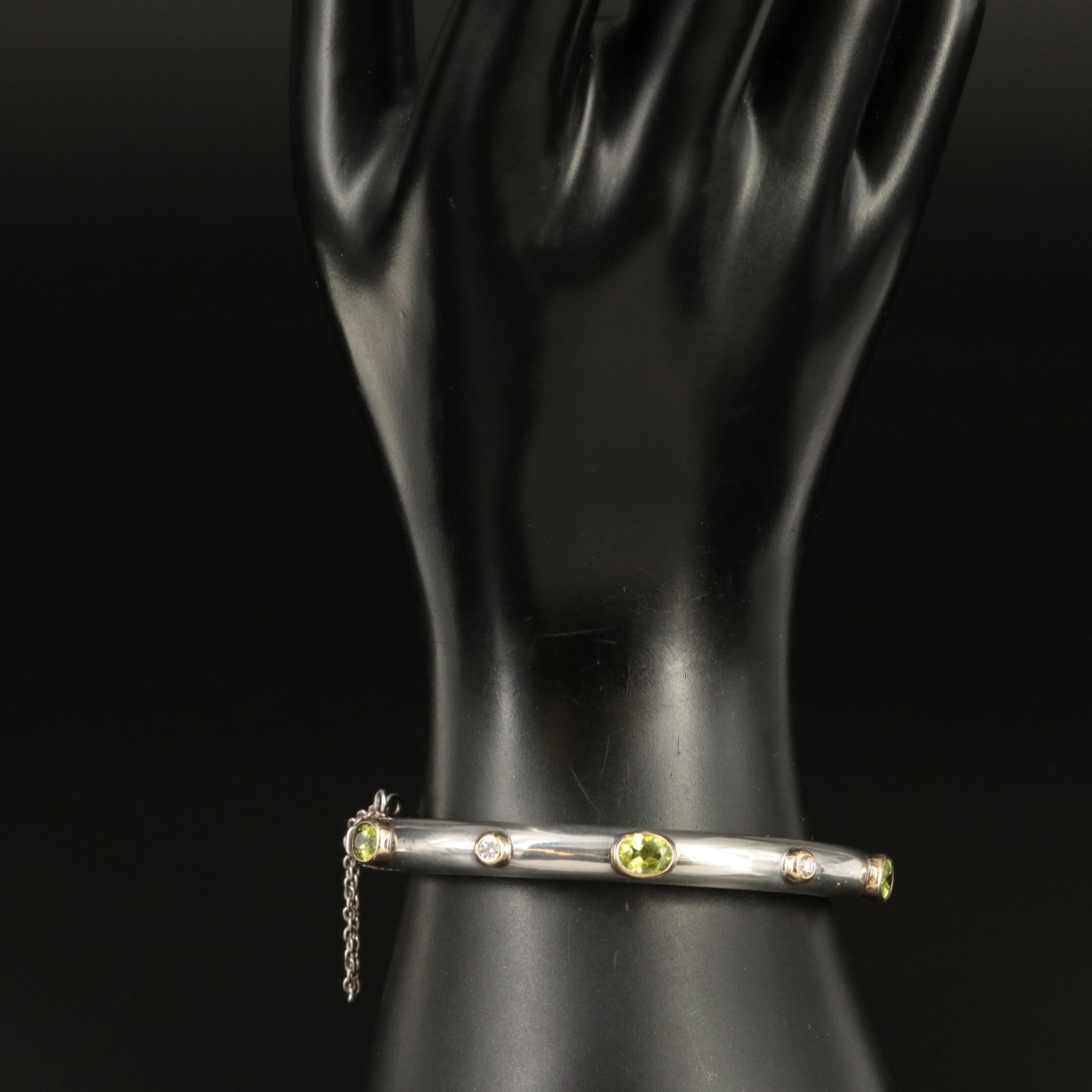 David Yurman Sterling,18K Peridot and Diamond Sculped Cable Hinged Bracelet