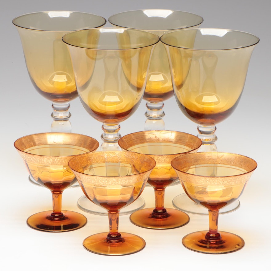Tiffin-Franciscan "Rambler Rose Amber" Low Sherbets with Other Amber Glasses