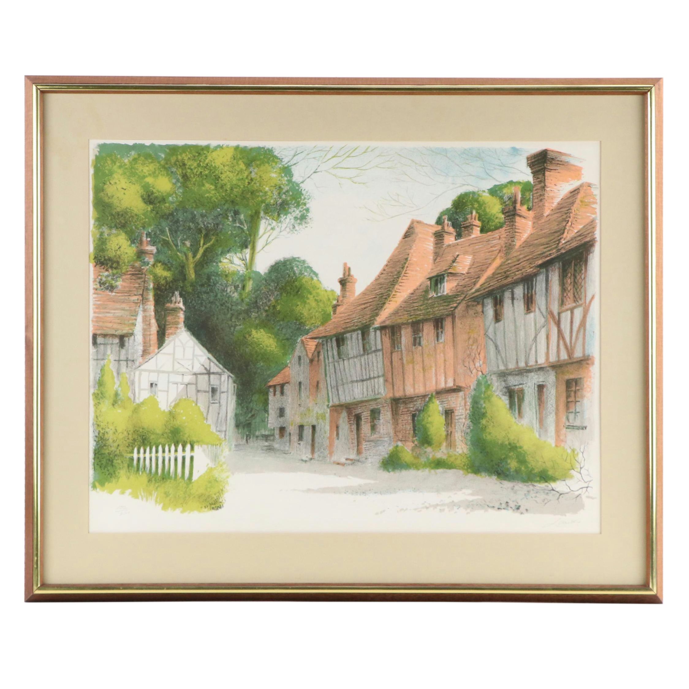 Lithograph of European Neighborhood Street Scene