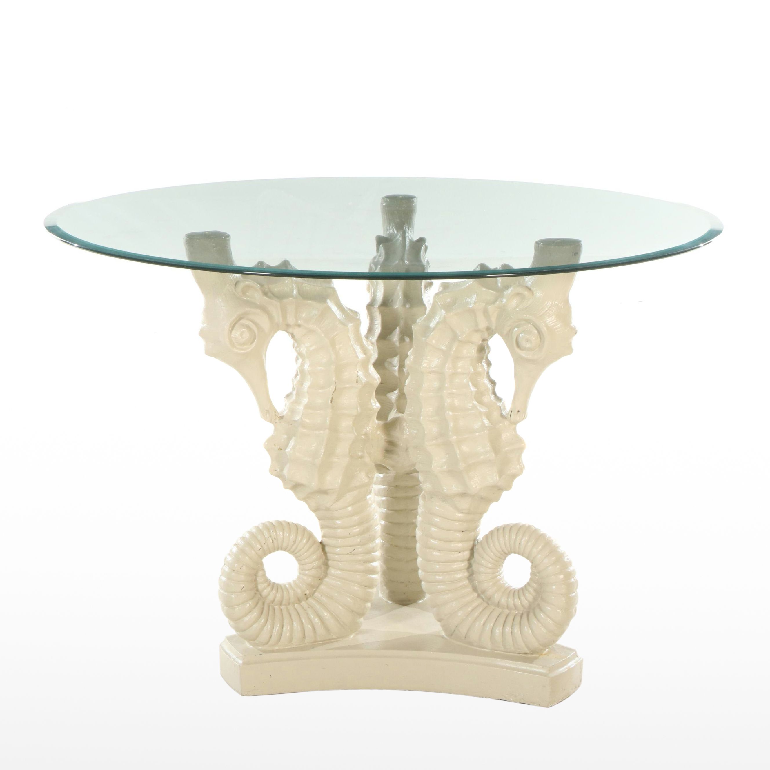 Glass Top Dining Table with Seahorse Shaped Pedestal Base