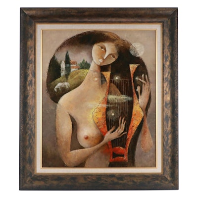 Surrealist Style Oil Painting of Nude Woman Playing Lyre