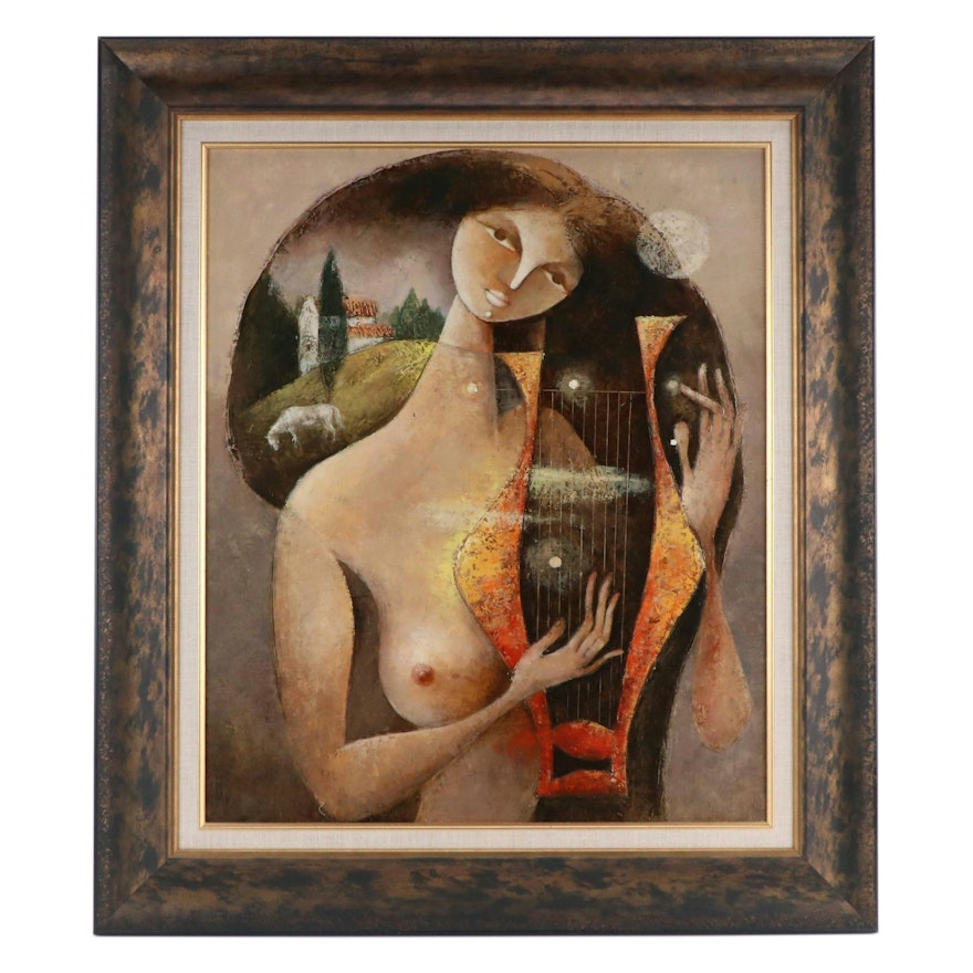 Surrealist Style Oil Painting of Nude Woman Playing Lyre