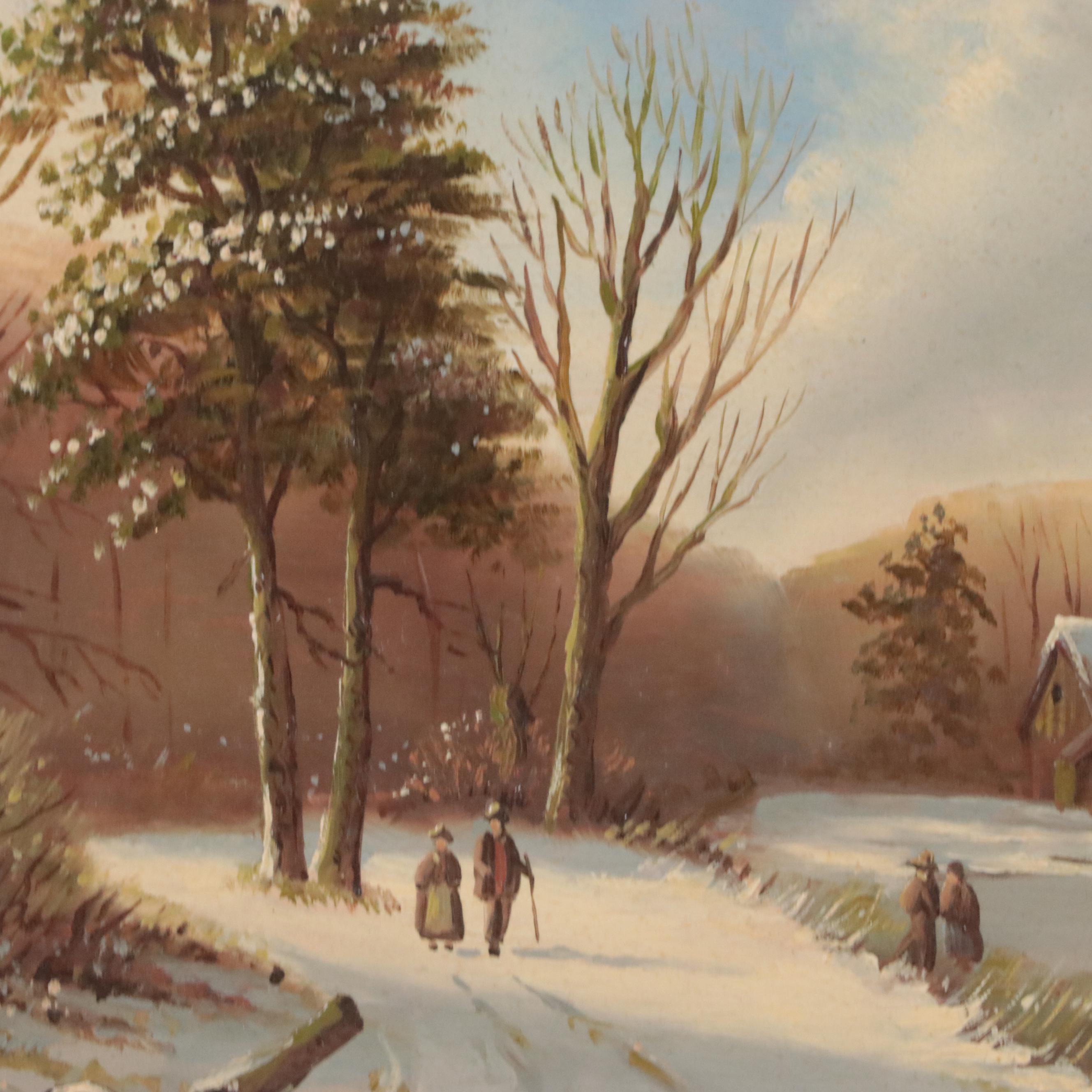 Oil Painting of Winter Landscape with Figures