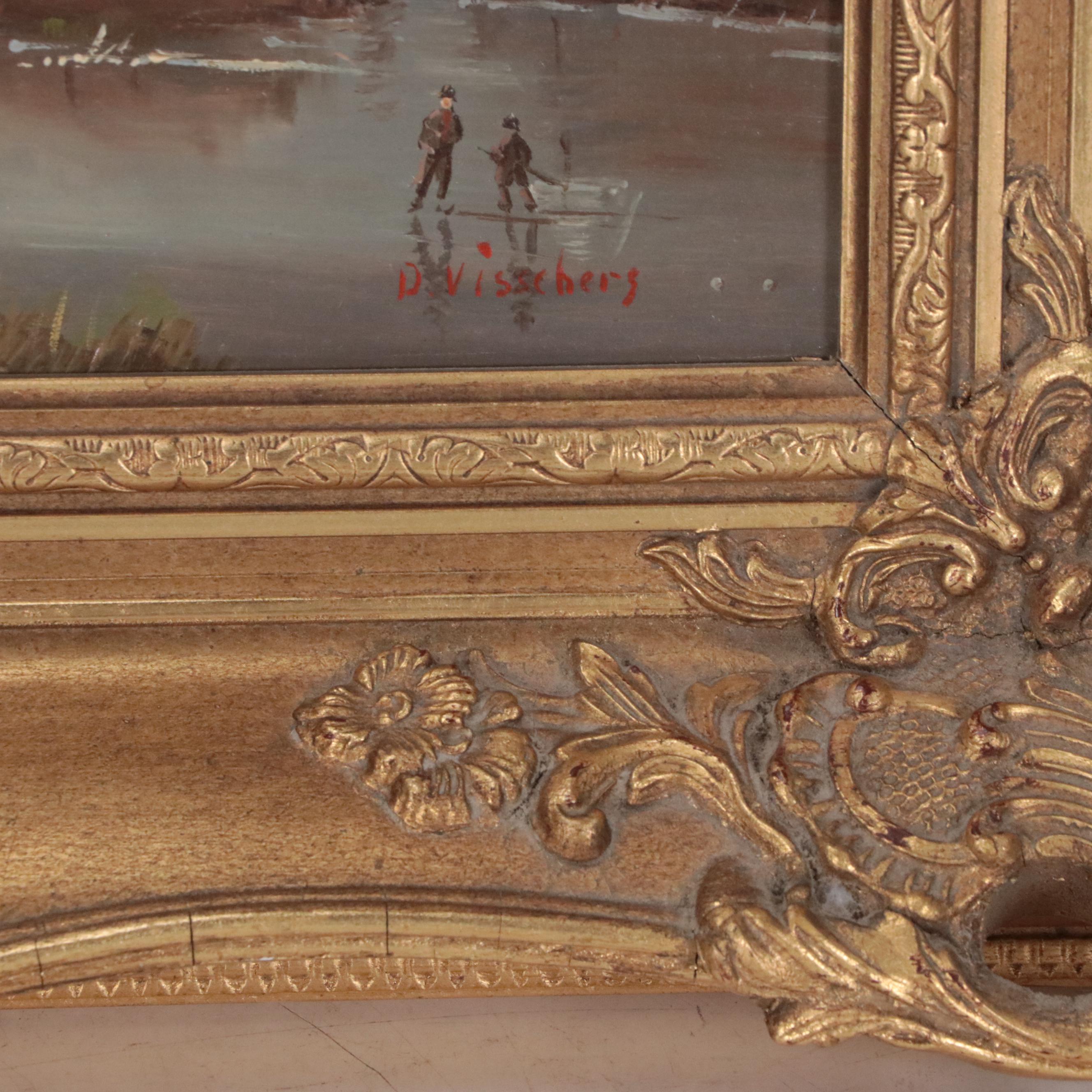 Oil Painting of Winter Landscape with Figures