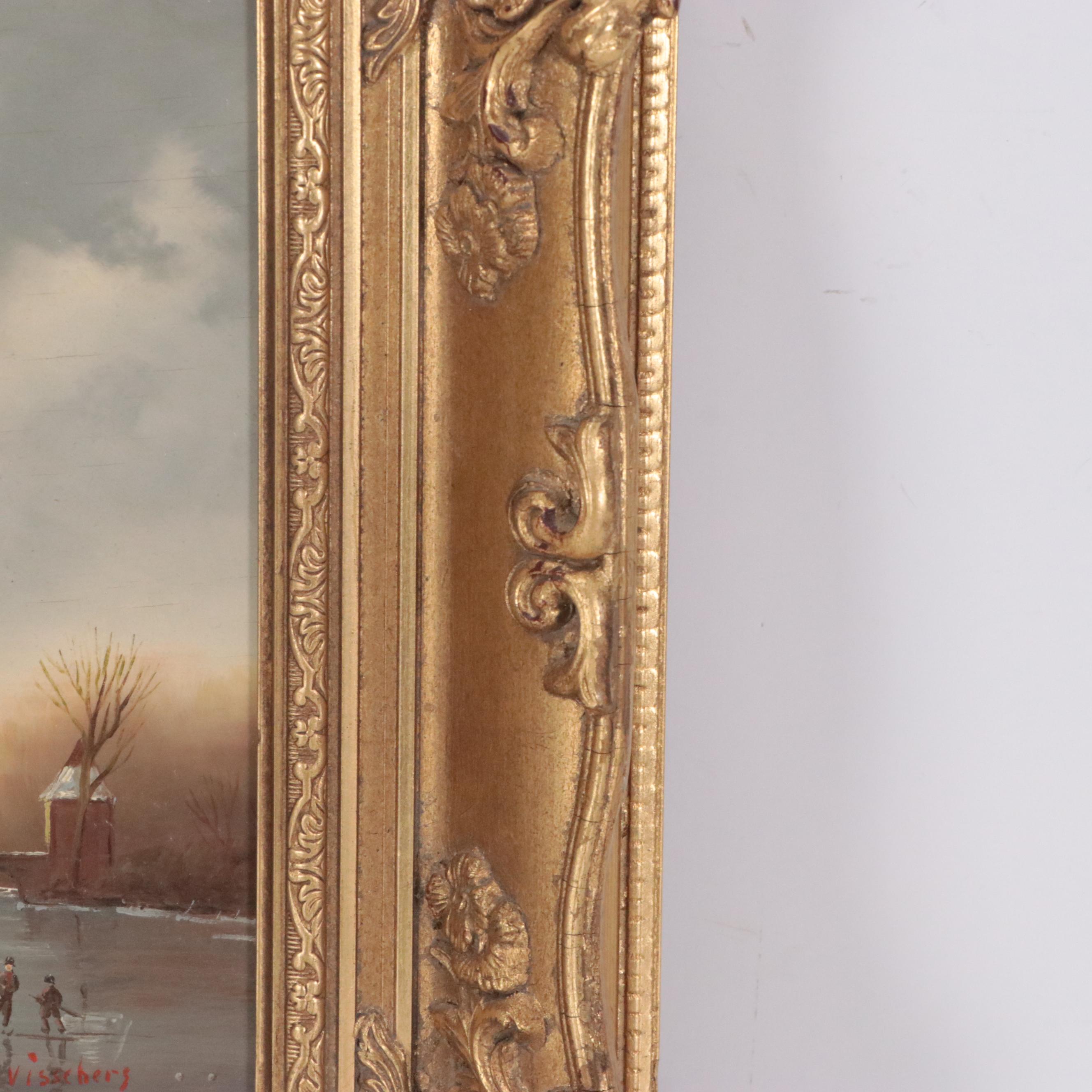 Oil Painting of Winter Landscape with Figures