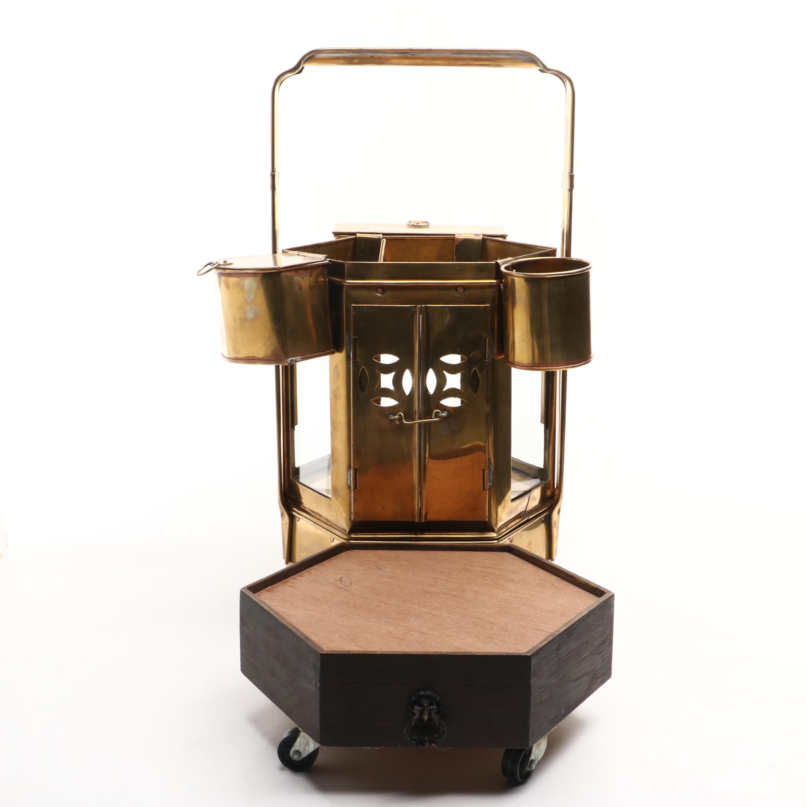 Chinese Brass Noodle Cart on Wooden Stand with Wheels