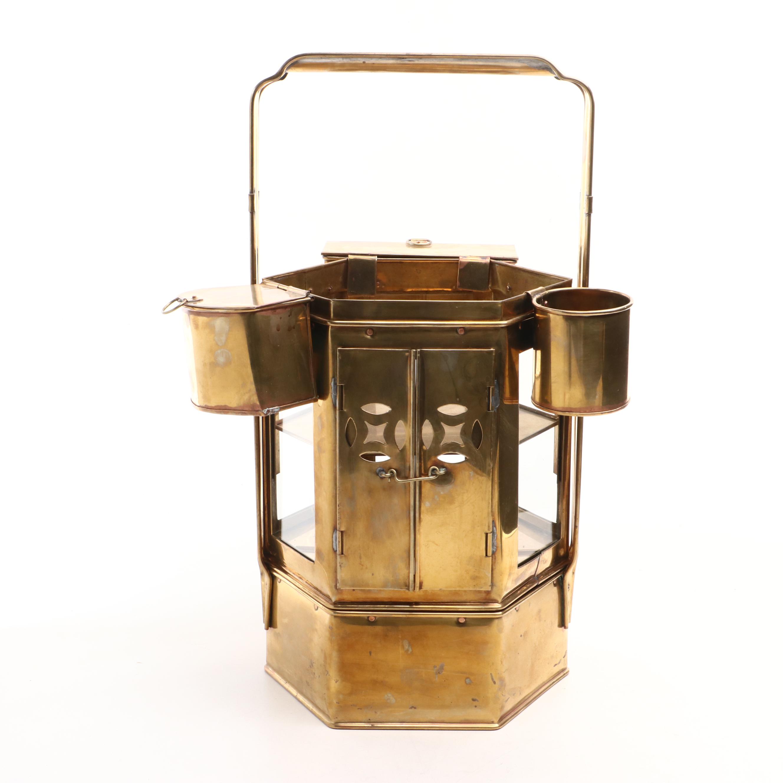 Chinese Brass Noodle Cart on Wooden Stand with Wheels