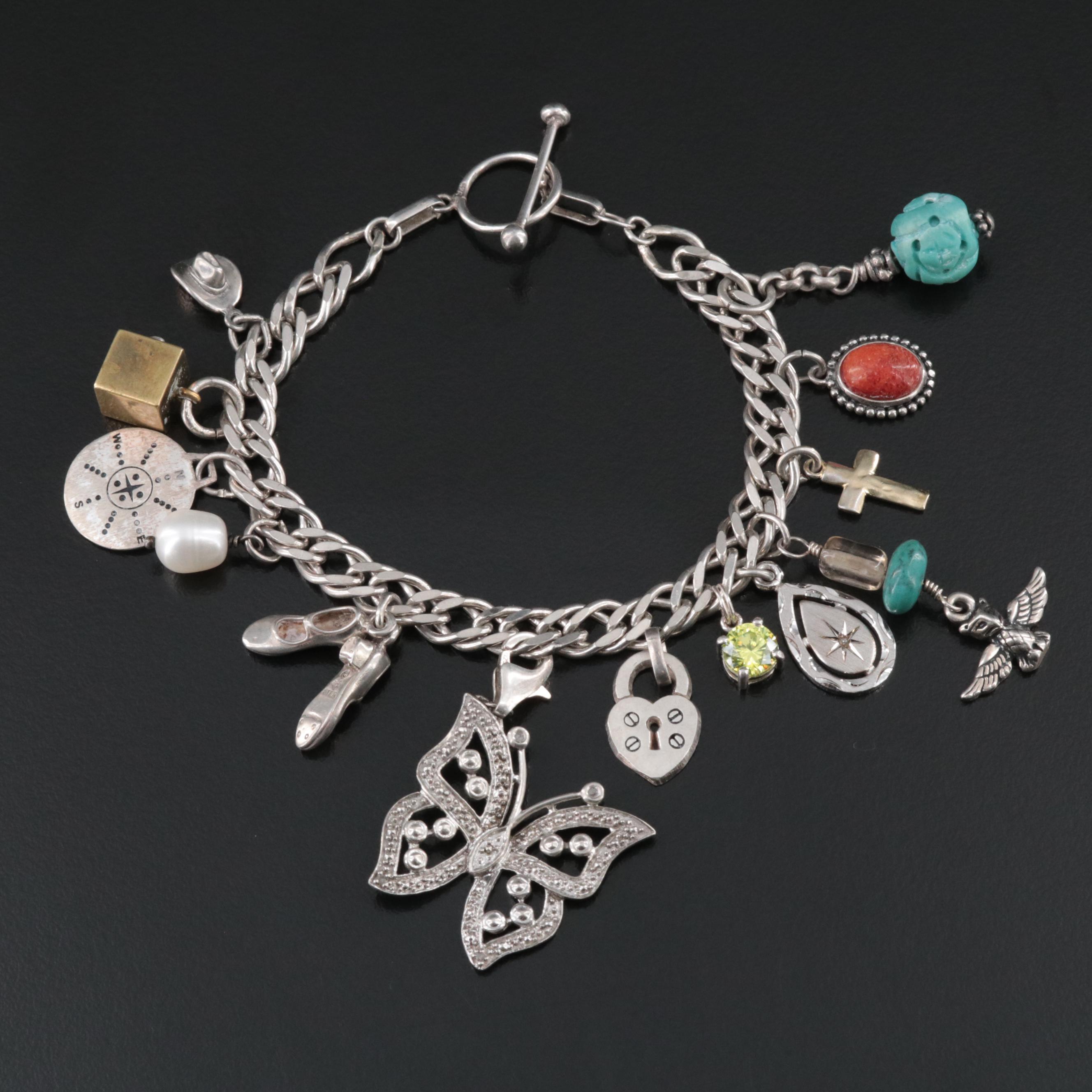 Sterling Charm Bracelet Including Coral, Diamonds and CZ
